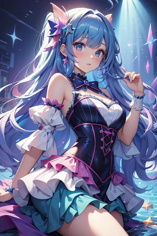 Magical girl with blue hair and indigo eyes, with her hair in a medium ponytail