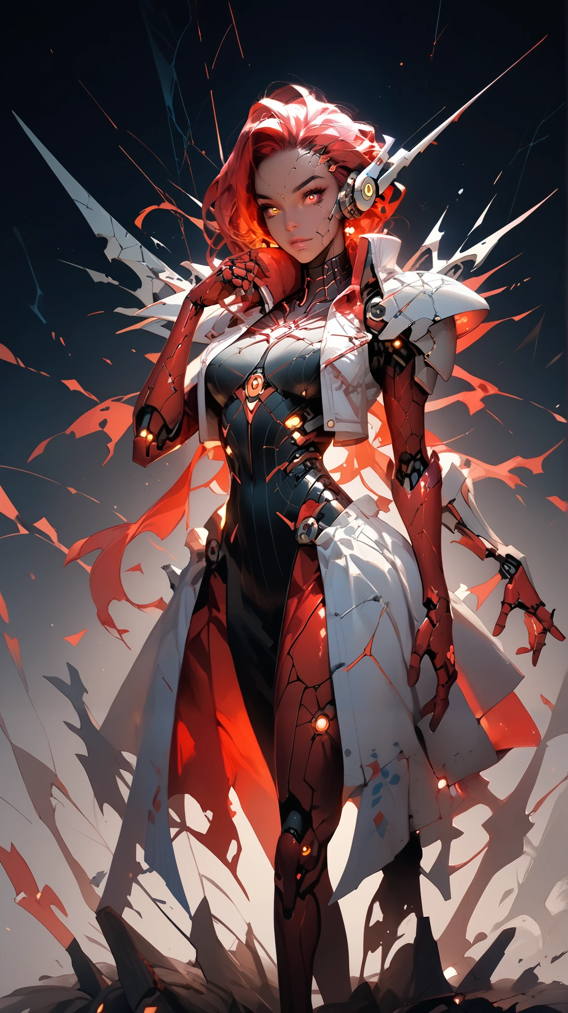 portrait of a woman with half mechanical face and cyborg eyes, glowing red cyber eye, cracked skin, high quality, high details, sharp focus, high contrast, shining and sparkling, dark colors, beautiful girl face, full body, leg, arms, torso, human skin chest, breast, feet, full body shot, skirt