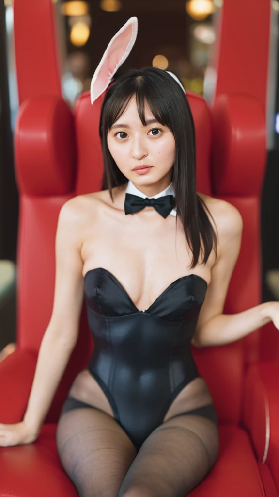 (best quality), (masterpiece), full body, very detailed, high resolution, 8k, cute Japanese woman, cute 24 year old beauty, slim body, (slightly saggy medium breasts), thin lips, detailed face, Beautiful and elegant face, cute face, natural bangs, arched eyebrows, well-groomed eyebrows, (big eyes with a good balance between the left and right sides), cute eyes, beautiful eyes, beautiful thin nose, beautiful face line, beautiful skin, medium hair, natural bangs, slim face, slim figure, (looking at the camera with a gentle smile), beautiful legs, smooth skin skin, slim and beautiful thighs, ((wearing reverse bunnysuit:1.5 )), 1 girl, cute and sexy slim 24 year old woman, fair skin , Beautiful breasts, medium breasts, (legs apart:1.2), fake bunny ears, wrist cuffs, bow tie, sitting on sofa with legs apart, luxury sofa, translucent bunnysuit,
