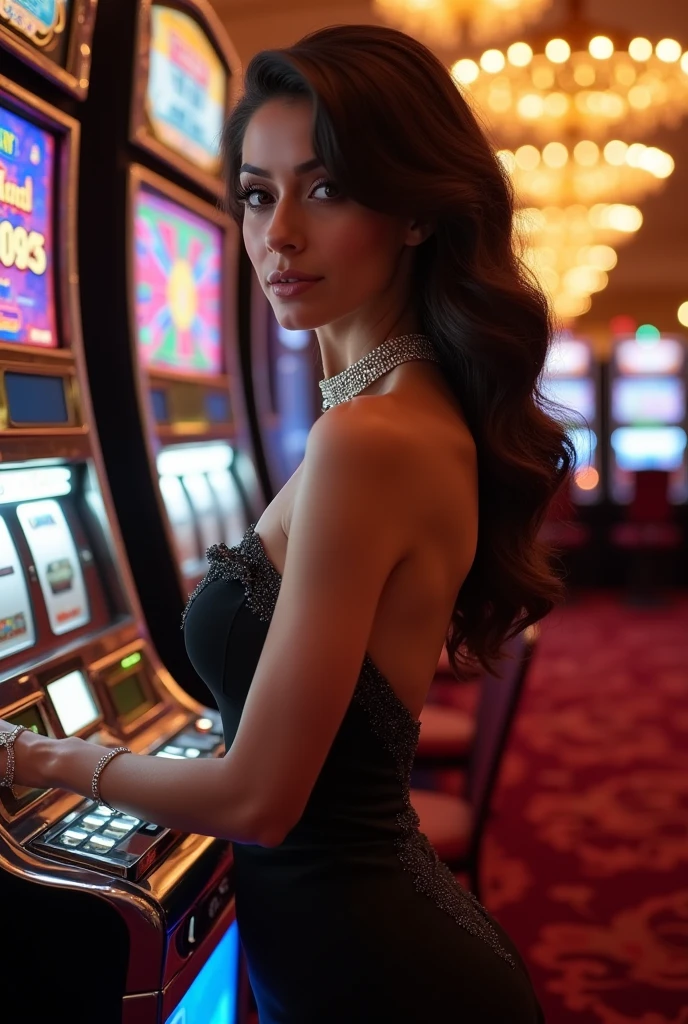 A woman playing slots at a casino
