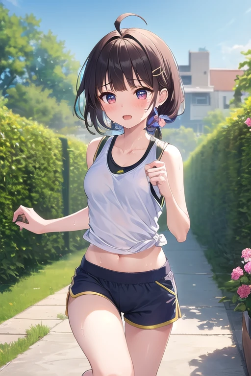 teenager,1 beautiful girl、Running painfully、(blush:0.6),Heavy breathing,Sports underwear、White tank top、Vertical belly button, Black sports shorts、running, ponytail、Sports Cap, Shiny skin、Expressway