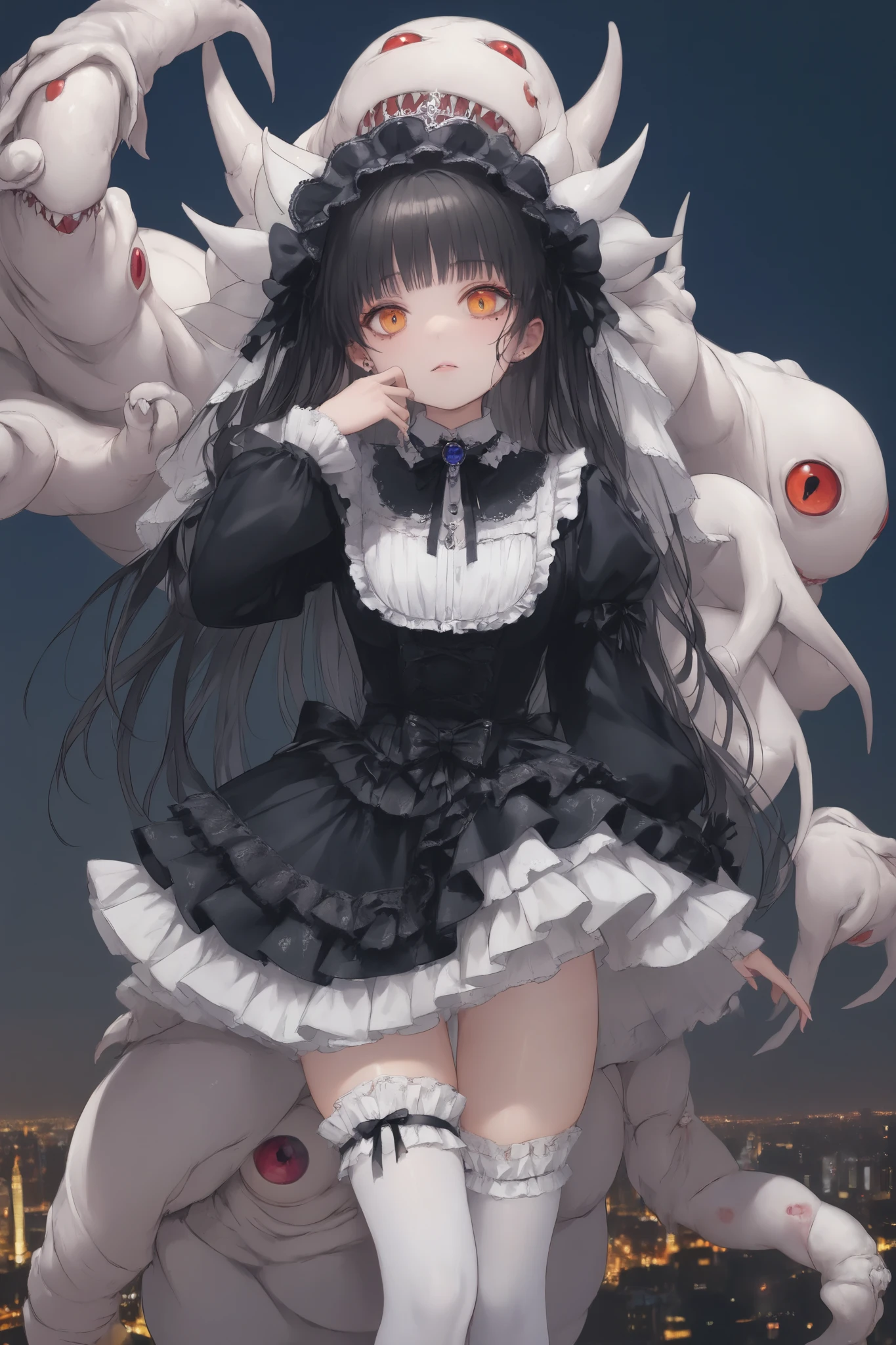 ( masterpiece, highest quality, Extremely detailed), A very detailed portrait of a , real finger , natural facial features ,( Anatomically Accurate:1.1), The picture is very realistic , original photo, 35mm lens, Soft studio lighting, Visible skin pores , ultra high resolution, Cinematic realism , long black hair ,Amber pupils,( black small leather shoes),(((Princess Copen Style Gothic ta Dark Over-the-Knee Dress Bride Loliress:1.4)))((((white strappy stockings)))) ,( Show your whole body ), place your left hand on your cheek ,( full-body image from head to toe :1.4), (((( A monster with only human limbs is standing beside it)))), night view of the city,
