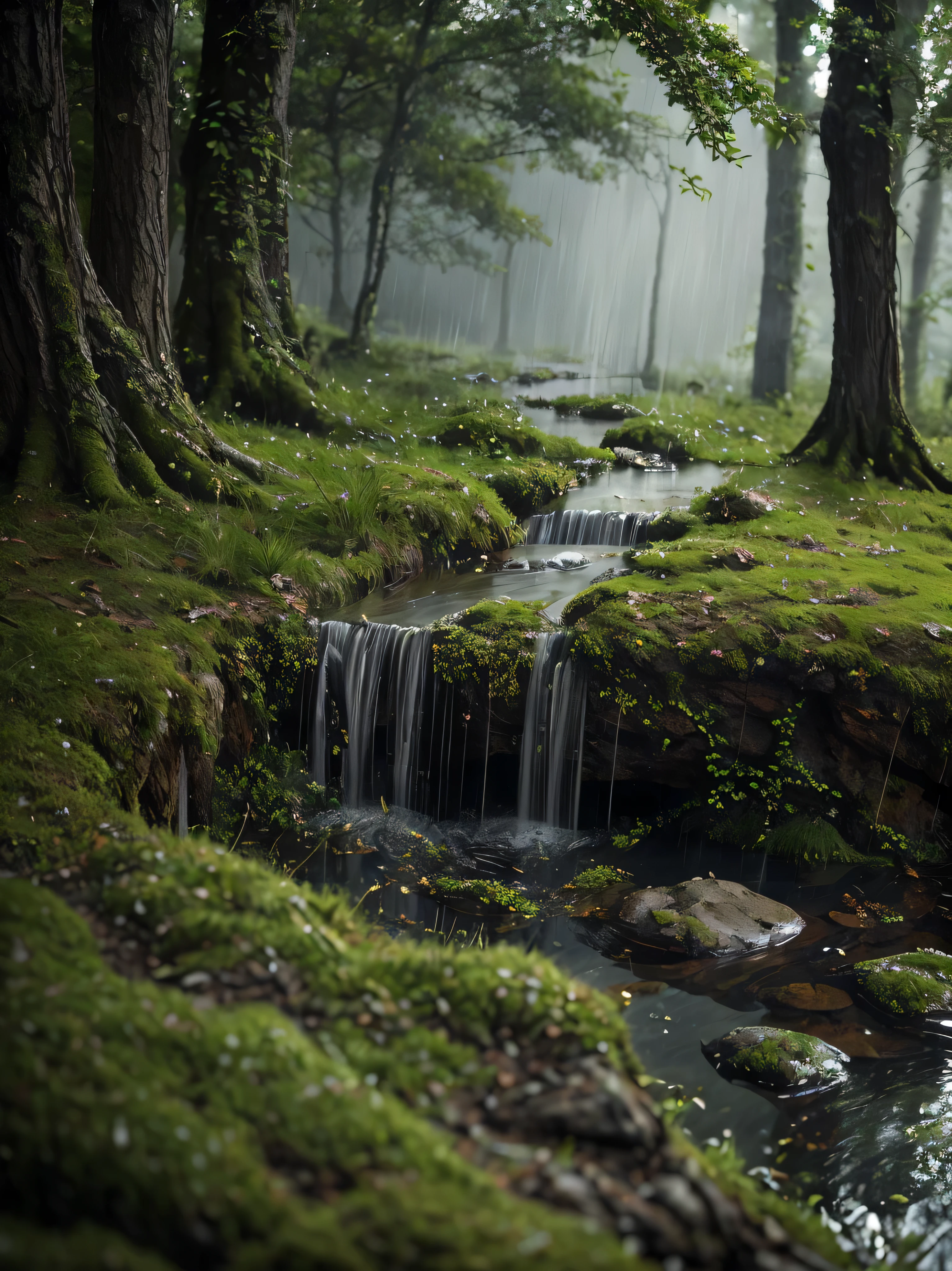 The towering dense trees , the branches extend like giant hands shading the ground below . The leaves whisper lyrically as the wind brings a slowly falling rain spray . A damp path tucked between wild grass and old boulders covered in green moss blanket, slick by dew . The scent of wet earth mixed with the freshness of the foliage fills the air , create a deep calm . Thin mist flows softly between sturdy tree trunks , while the shadow of the mountain in the distance seems faint , slowly dissipates in the embrace of gray clouds .