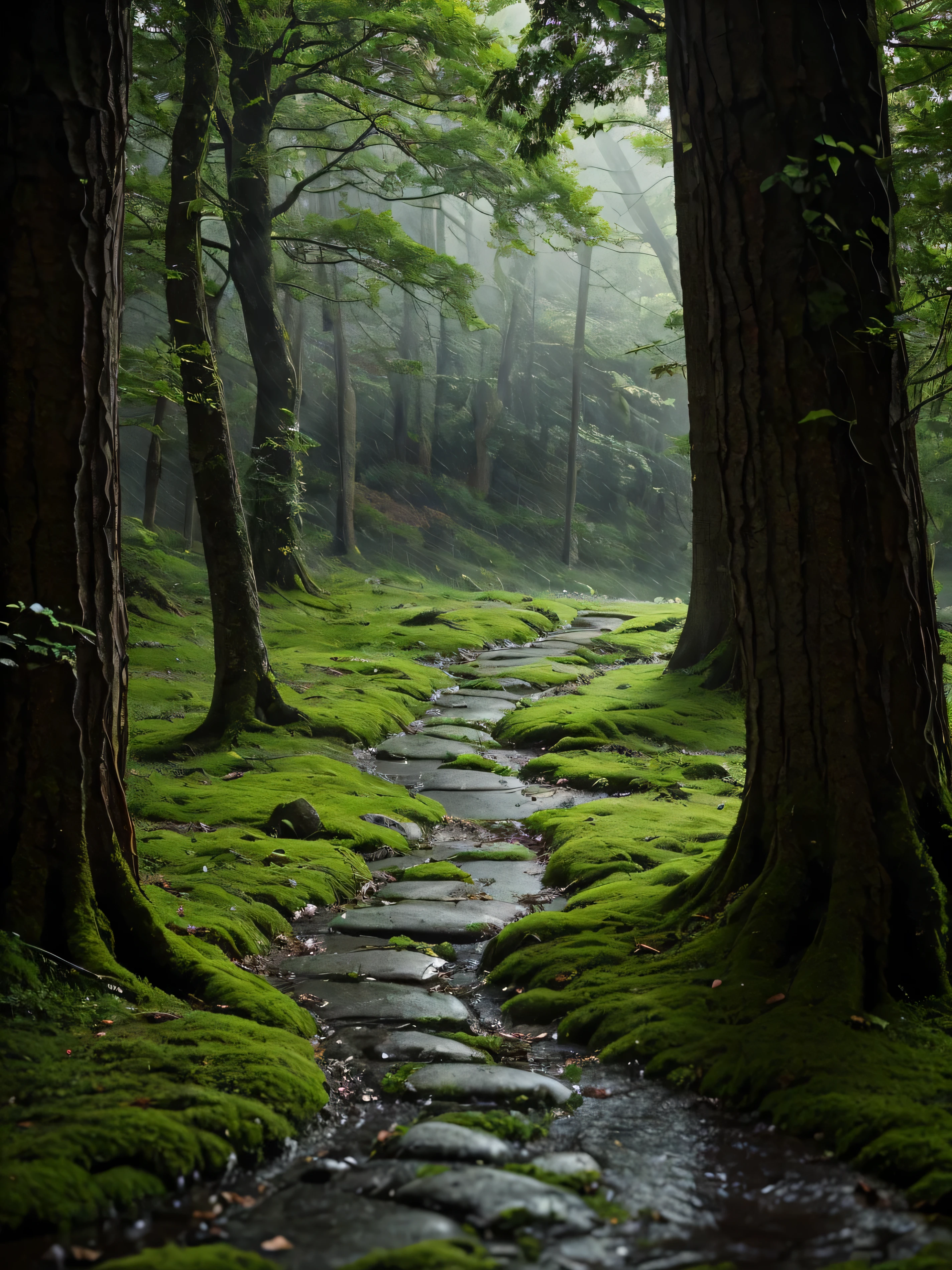 The towering dense trees , the branches extend like giant hands shading the ground below . The leaves whisper lyrically as the wind brings a slowly falling rain spray . A damp path tucked between wild grass and old boulders covered in green moss blanket, slick by dew . The scent of wet earth mixed with the freshness of the foliage fills the air , create a deep calm . Thin mist flows softly between sturdy tree trunks , while the shadow of the mountain in the distance seems faint , slowly dissipates in the embrace of gray clouds .