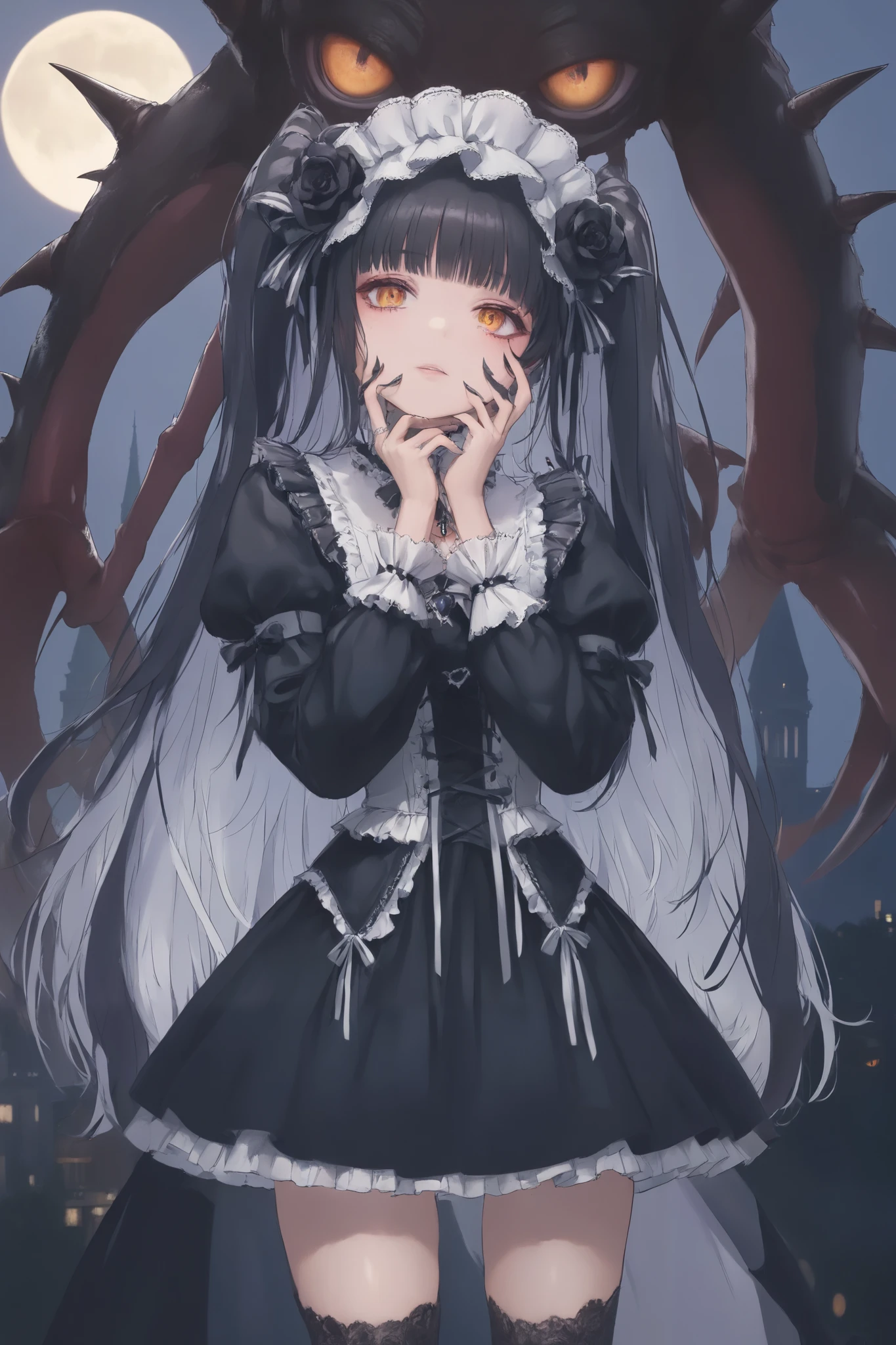(  masterpiece,   highest quality,  Extremely detailed)， A very detailed portrait of a   ,  real finger ,     natural facial features    ,(  Anatomically Accurate:1.1),  The picture is very realistic  ,   original photo, 35mm lens, Soft studio lighting, Visible skin pores  ,   ultra high resolution, Cinematic realism  , long black hair  ，Amber pupils，( black small leather shoes),（（(Princess Copen Style Gothic ta Dark Over-the-Knee Dress Bride Loliress:1.4)）），Go to the headdress，（（（（white strappy stockings）））） ,（ Show your whole body ）,   place your left hand on your cheek   ,(   full-body image from head to toe   :1.4), (((( A monster with only human limbs is standing beside it))))， night view of the city，