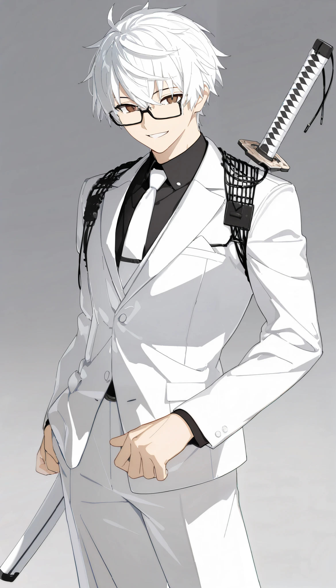 (masterpiece, best quality:1.2), absurdres, 1boy, roblox character, white hair, black framed glasses, white suit, white tie, white katana on back, anime style, clean lineart, solid background, smiling, brown eyes, wireframe tophat;