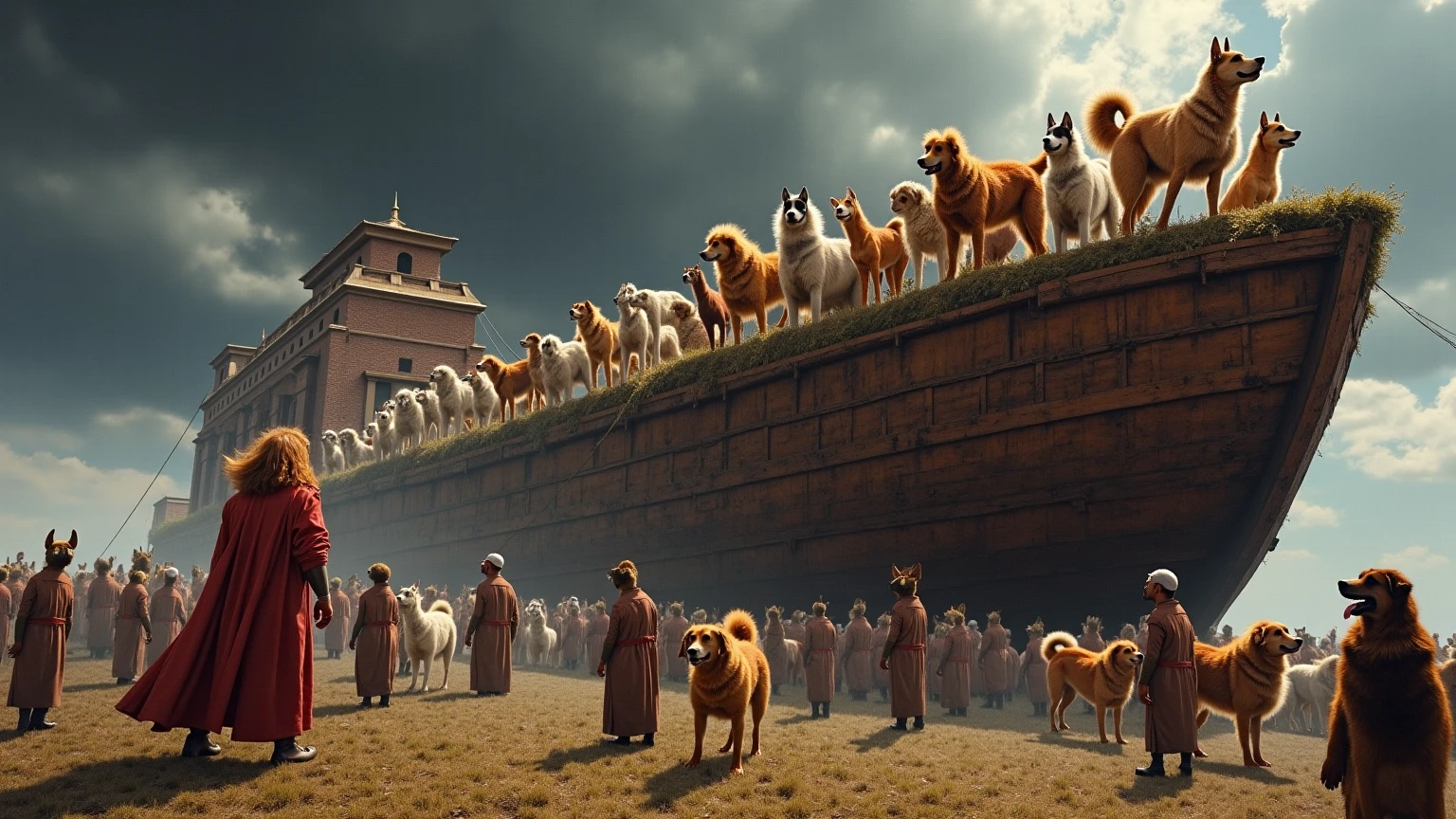 Noah is loading his ark with two of every dog breed instead of two of every animal.