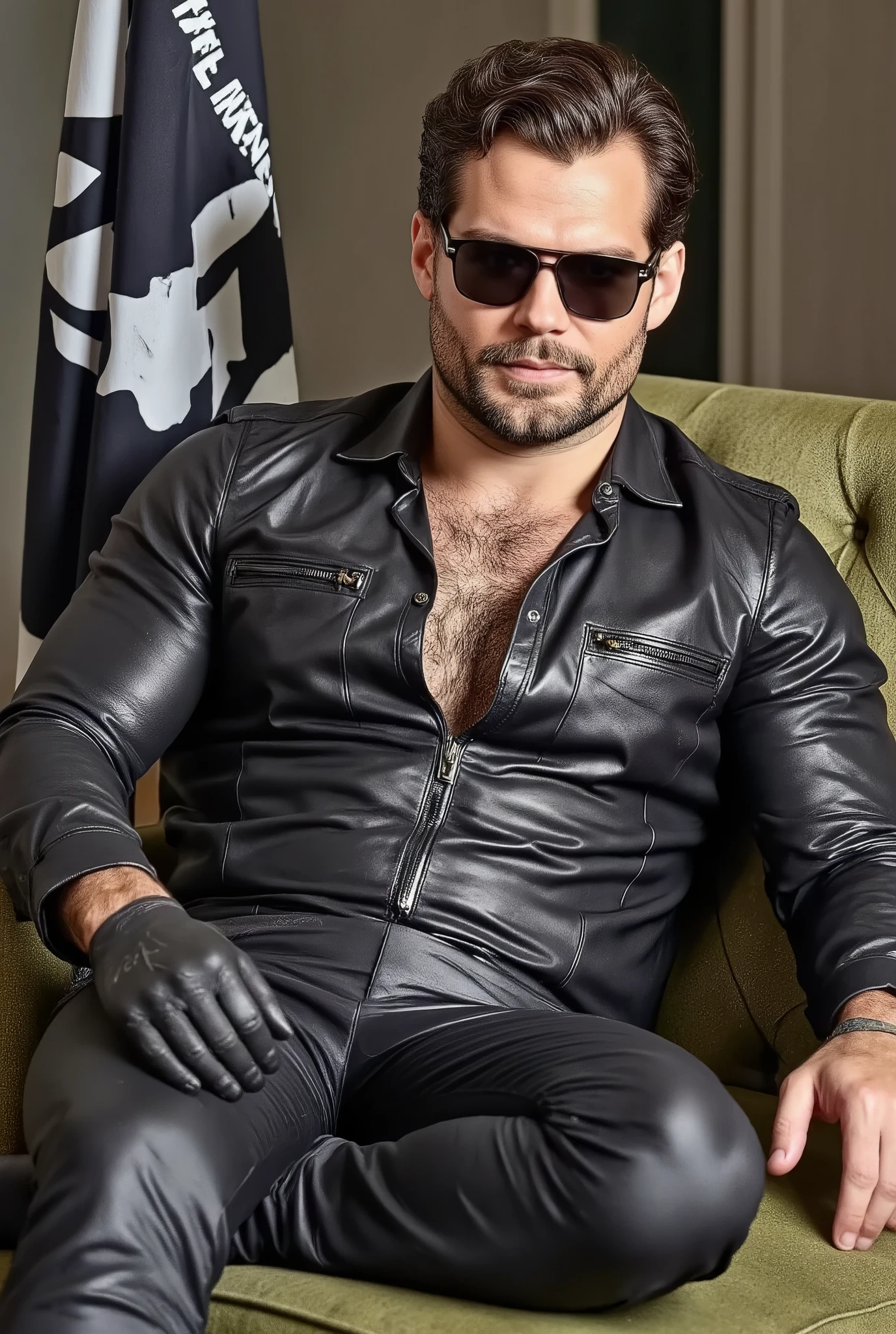 Detailed photo, hyper realistic, leather biker Henry Cavill, showcasing his muscular physique and thick hair, very hairy body, hairy chest, hairy arms, hairy legs, lounging in a provocative pose, breathtaking pose, evil smile, decked in high-knee black leather riding boots, detailed leather biker jacket accentuating his chiseled hairy torso, dark blond hair, no beard, clean shave face, black leather biker trousers, black police leather gloves, intimidating visage masked behind sunglasses, many biker tattoos, epitomizing the essence of dominance and allure of the alpha male, gang flag in background.