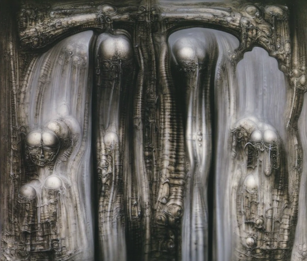 g1g3r, Giger_style, The image is a detailed view of H.R. Giger's \" Li II \" plate, featuring a complex network of bones and organs in a purple-brown hue ,swirling gray and brown colorsgroup of three alien figures positioned in the foreground. Emaciated and skeletal, with hollow eyes, they appear to be constructed from bone and metallic elements, a characteristic fusion of organic and mechanical forms found in Giger's biomechanical art.
The image features a robotic humanoid figure with intricate mechanical details, standing in a room with a glowing screen displaying the word \"EVE\" and a hand reaching out to touch its face. The background is a dark and limited space painted in a uniform blue-green color. This lack of detail keeps the focus on the figures and creates a sense of mystery about their environment. Receding into the distance are a series of arches and tunnels that hint at a larger biomechanical landscape, possibly the work of the creatures themselves The artwork is silver and purplish brown, with an ivory bones prominently displayed. The image is highly detailed and intricate, almost like a 3d version of a medical diagram (detailed view of an anatomy model, possibly of a human body, with transparent organs and bones exposed). The piece has a thick mechano-organic texture and is covered in fine details. The image has a swirling, organic quality to it. The artistic manner would be unmistakably Gigeresque. A dark and unsettling beauty would permeate the piece, blurring the lines between fascination and repulsion , forever haunted by the grotesque allure. Giger's signature artistic manner would be evident in every stroke. The airbrush would be wielded with masterful precision to create a hyperrealistic yet nightmarish aesthetic.., ooze soaked pajama top
