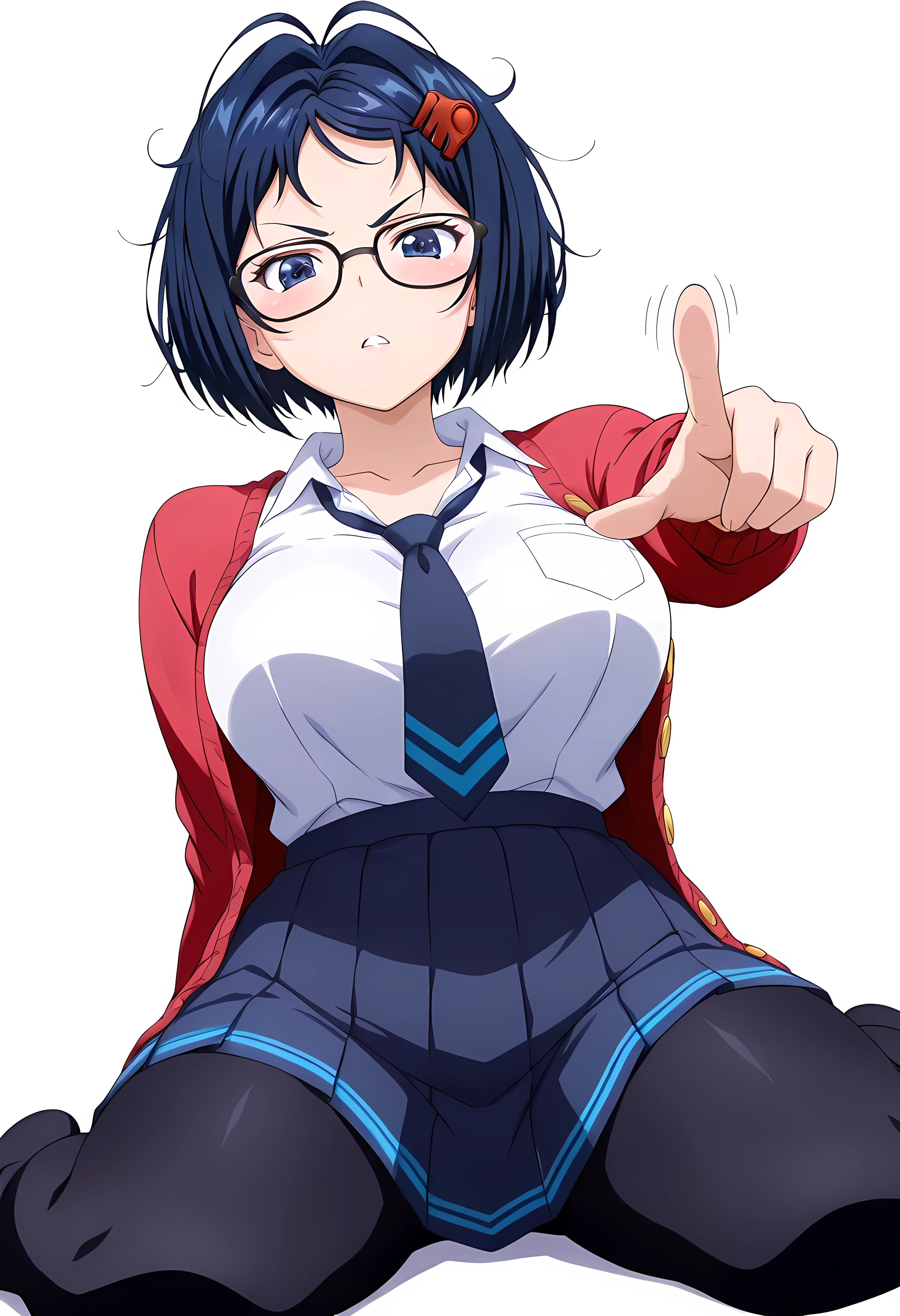 (anime art style:1.3), (thick lines:1.5), masterpiece, best quality, amazing quality, ultra high definition, very detailed, smooth skin, mila, 1girl, (dark blue hair), antenna hair, (short hair), messy hair, (hair intakes), (dark blue eyes), (curvy body), voluptuous, medium breasts, (collarbone), parted lips, angry, serious, hairclip, glasses, collared shirt, white shirt, red cardigan, dark blue skirt, pleated skirt, dark blue necktie, black pantyhose, (pointing at viewer), wariza, (from below), dutch angle, (looking at viewer), (cowboy shot), (white background:1.5), simple background, blurred background
