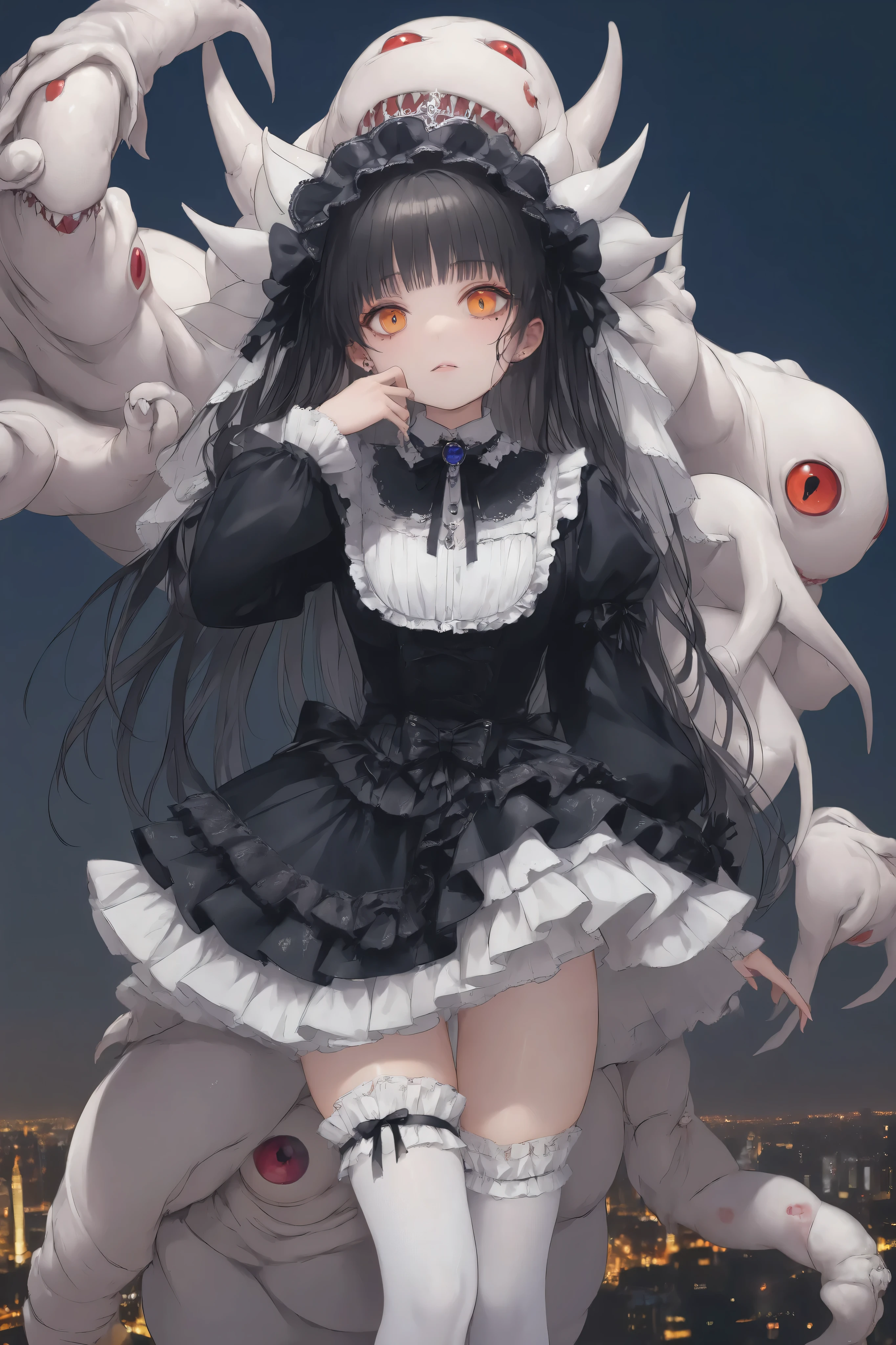 (  masterpiece,   highest quality,  Extremely detailed)， A very detailed portrait of a   ,  real finger ,     natural facial features    ,(  Anatomically Accurate:1.1),  The picture is very realistic  ,   original photo, 35mm lens, Soft studio lighting, Visible skin pores  ,   ultra high resolution, Cinematic realism  , long black hair  ，Amber pupils，( black small leather shoes),（（(Princess Copen Style Gothic ta Dark Over-the-Knee Dress Bride Loliress:1.4)））（（（（white strappy stockings）））） ,（ Show your whole body ）,   place your left hand on your cheek   ,(   full-body image from head to toe   :1.4), (((( A monster with only human limbs is standing beside it))))， night view of the city，