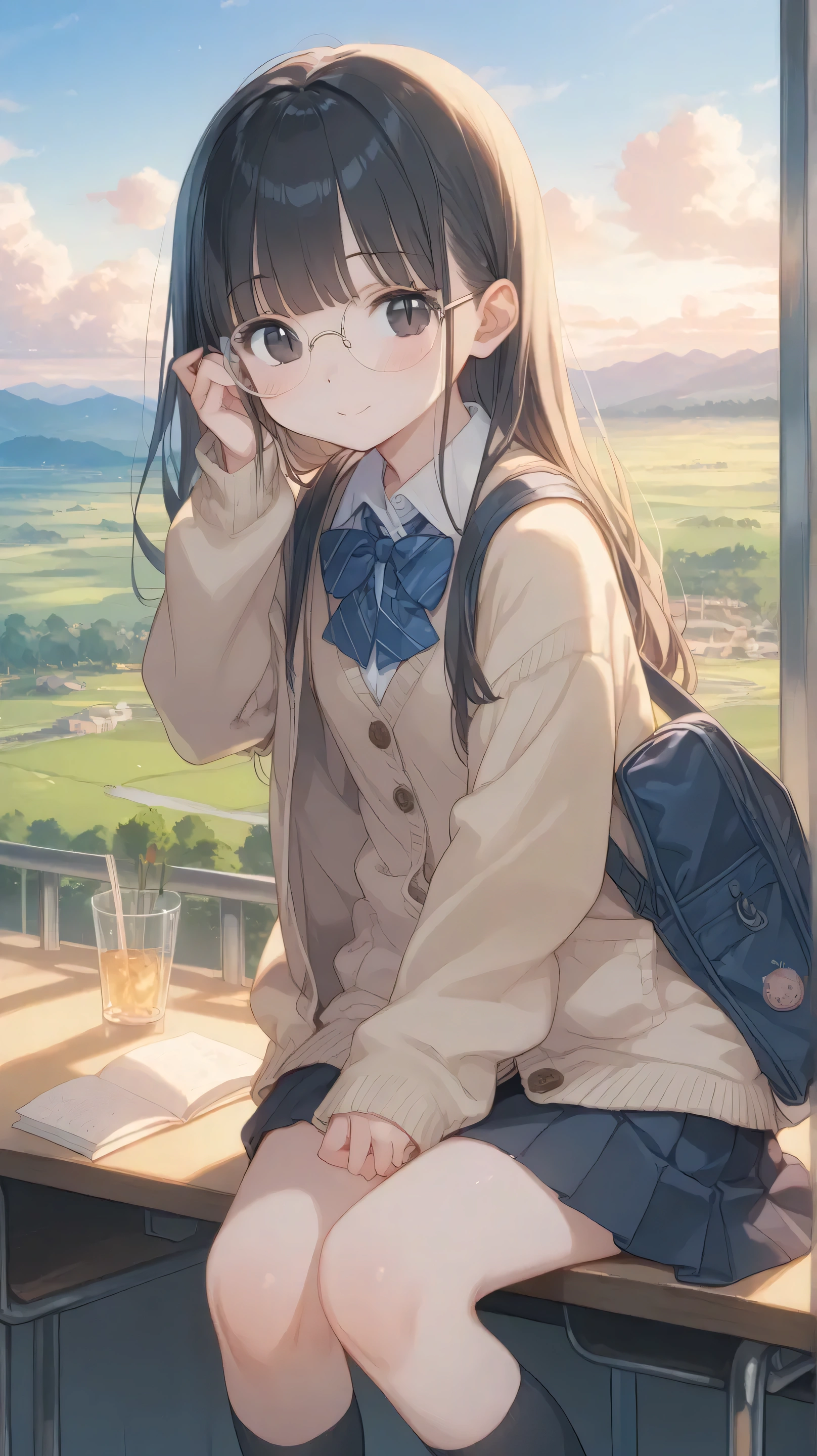 highest quality 、 Masterpiece、 perfect anatomy,非常に詳細な girlの顔、 girl, The journey to school, Chat with friends, stand, School Area, countryside, landscape, Round Glass, MIDDLE SCHOOL CARDIGAN , ( sleeves are longer than wrists ), Strong Loafers, dark grey long hair , Straight slit , Beautiful Dark Eyes , black knee socks , Movie Lighting, upper body, :3, School Area, countrysideの学校