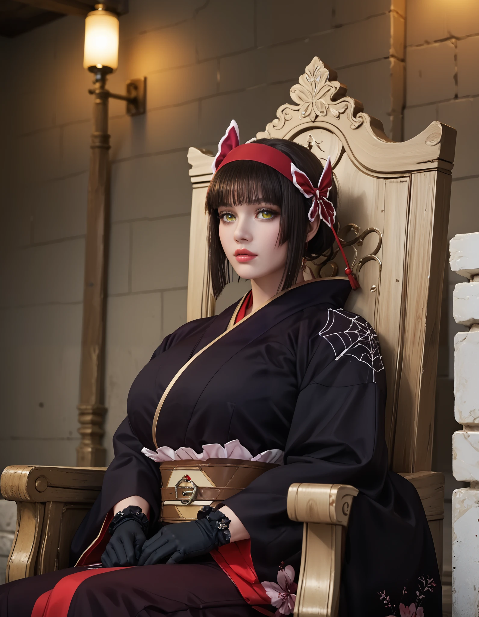 Score_PnyReal,BREAK,1girl, solo, (huge breasts,large breasts:1.2),long eyelashes,thick_lips,(PDXL2:1.5), headband,kimono,obi,gloves ,tsukimio,yellow eyes,black hair,1girl in full growth, , sitting high on a throne, regal expression, long elegant hair, tasteful makeup,