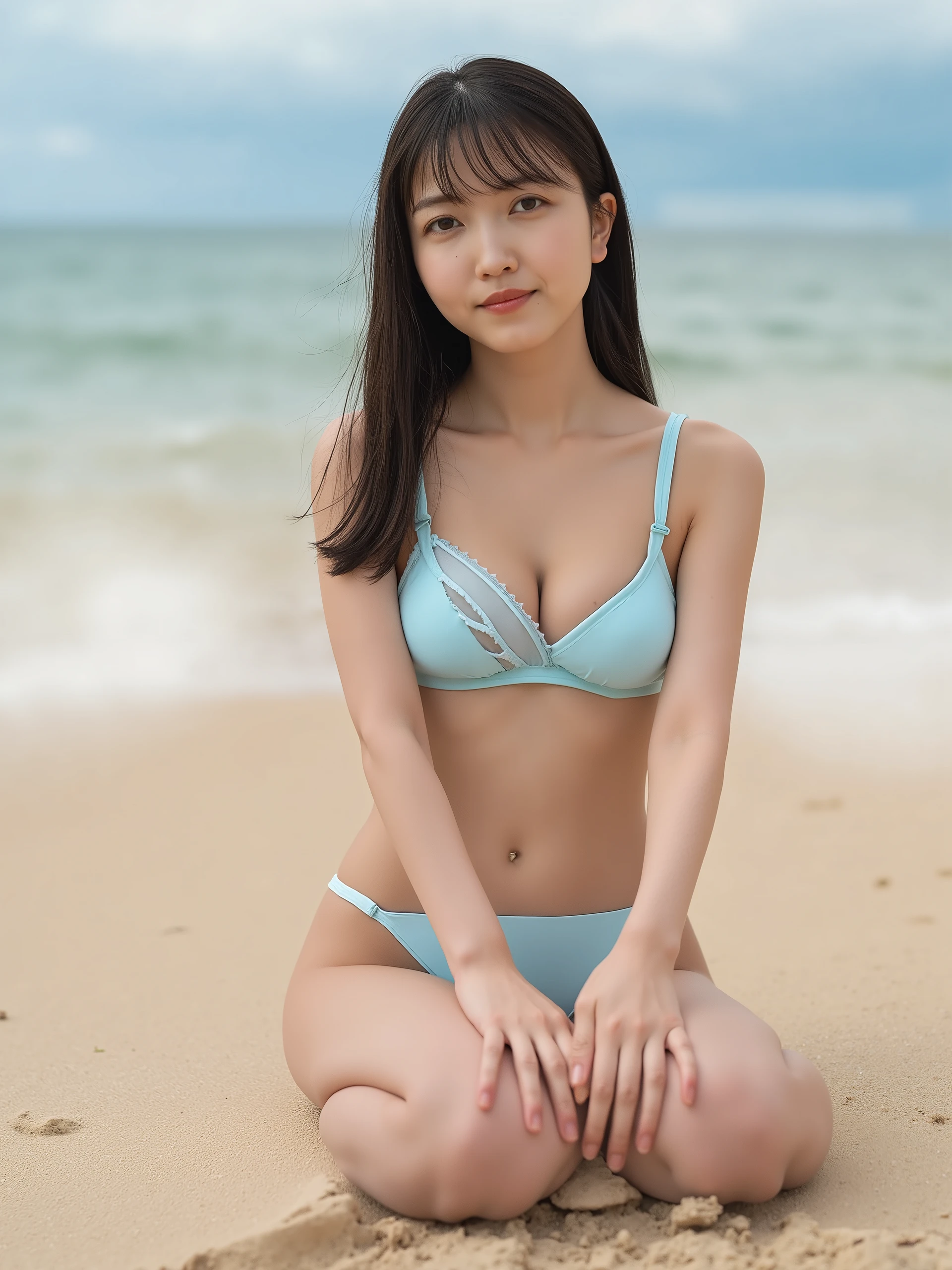  TOP QUALITY, 8k,  Masterpiece,  ultra high resolution, Sandy beach background, ( photorealistic under white micro: 1.4),   original photo ,  in the seat,  thick brown hair, bangs,  medium long hair ,  healthy skin,  wet body, ((  Full Body Visible  )), (Makeup,  open her legs: 1.2), ((Woman with  Attractive Body)), (((Wear a sexy cyan blue micro bikini))), Bikini Model, Swimsuit model,  1 female model,  Young Swimsuit model,  shiny plastic bikini ,  Japanese model, ( Shiny Leggings Wear Separate Costumes ,  good)  Pee Bikini  ,  Attractive Body, Wet swimsuit,  sexy young woman 
