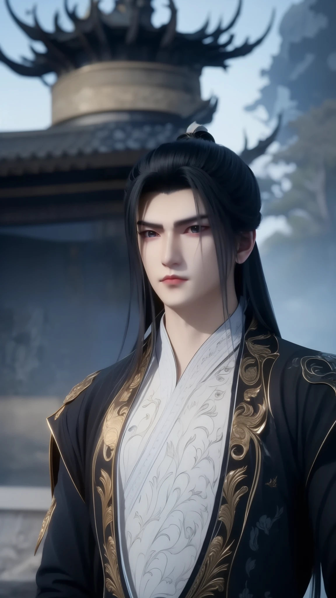 Vuong Lam in the photo has a cold, majestic demeanor but also has a hint of loneliness. His eyes show experience, resilience and deep inner self, suitable for the image of a character whose life has gone through many changes but still maintains his will. Face: handsome, sharp, cold and determined. Eyes: Dark blue, deep, sharp and somewhat lonely look. Black or white hair in ancient style in the style of Xianxia. Ancient style Xianxia costume, showing strength and elegance.
Colors: Mainly black, brown and gray, creating a sense of maturity and mystery. White inner shirt with V-neck, blue border. Black-gray outer jacket, with delicate sunken patterns, suitable for the style of Xianxia.