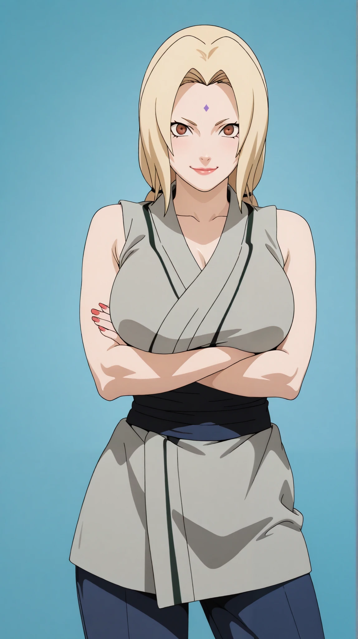 masterpiece, extremely detailed,perfect skin texture,4k,solo,1girl,adult ,((fullbody)),tsunade,happy,slim body, sexy legs,perfect body,large breasts,housewife,((blue pants)),((grey kimono)),sleeveless,sash,soft light, high detailed, best quality, upper body, blue plain background ,blue background,looking at viewers,front look,sexy pose, photography,cowboy shot