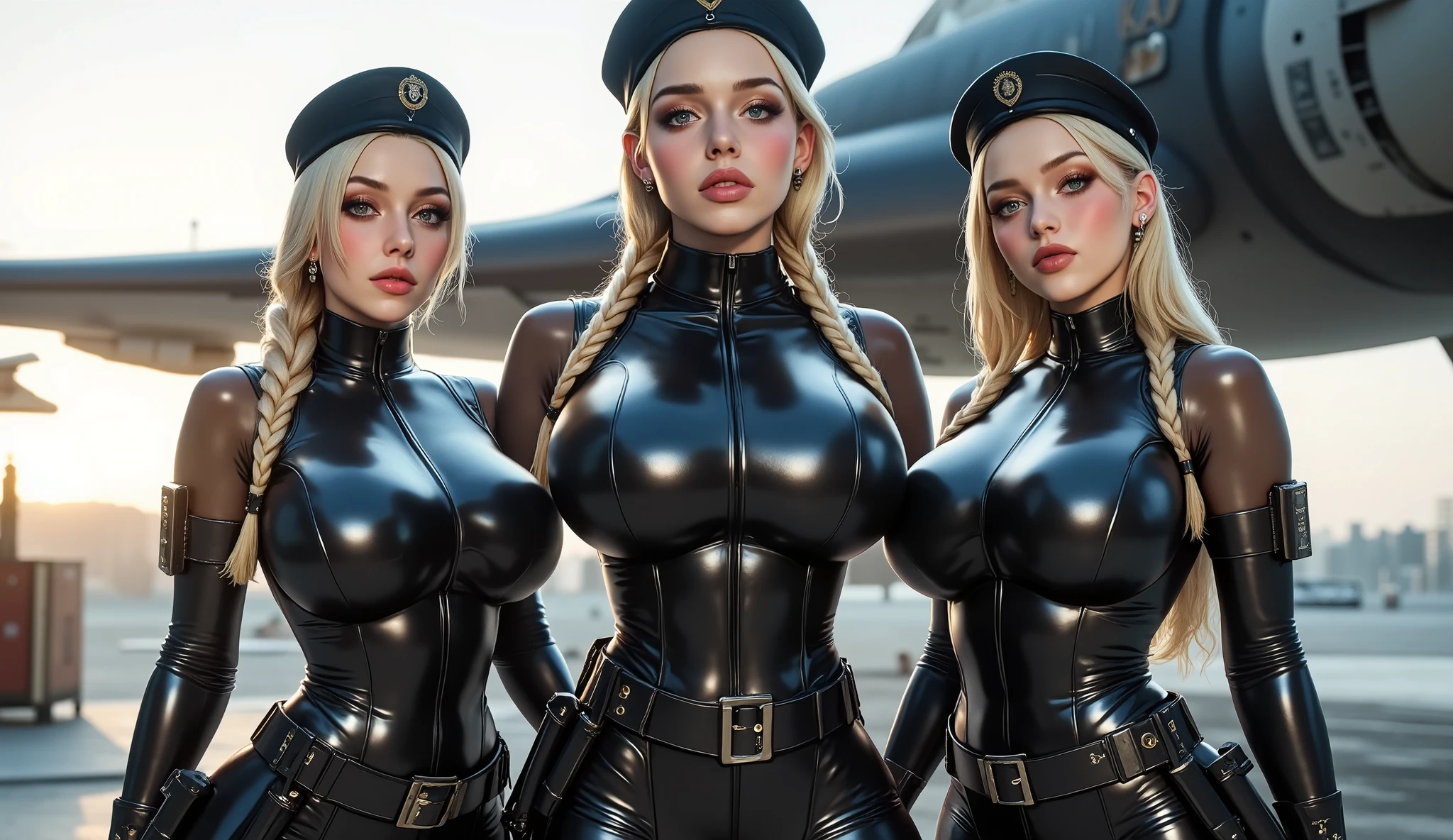 (2heads:1.2), 1girl,solo,anisdef, yellow eyes, cleavage, grey jacket, thighhighs, open clothes, beret, masterpiece, absurdres, best quality, white background, action pose, dynamic shot, half body, big smile