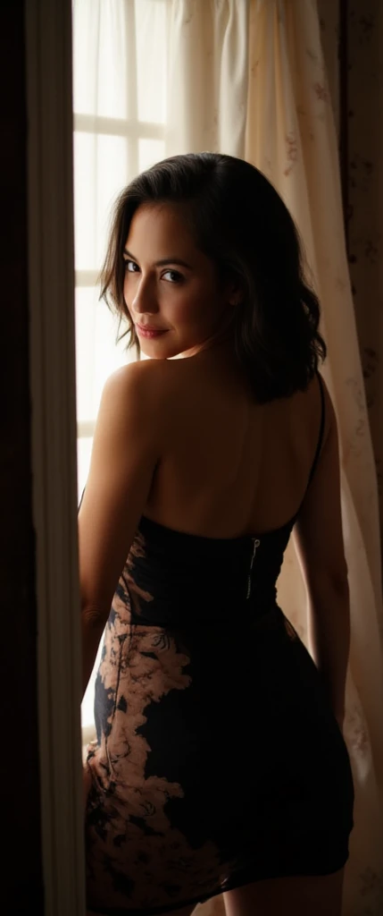 1female solo, bright colors, night black shadows, hands up, hiding behind transparent curtain, hidden, shaved pubis, haircut, super detailed, nipples big huge, anatomically correct, masterpiece symmetrical composition, face european caucasian perfect cute woman sweet beautifull, mouth open smile, wearing transparent, long dress, back view