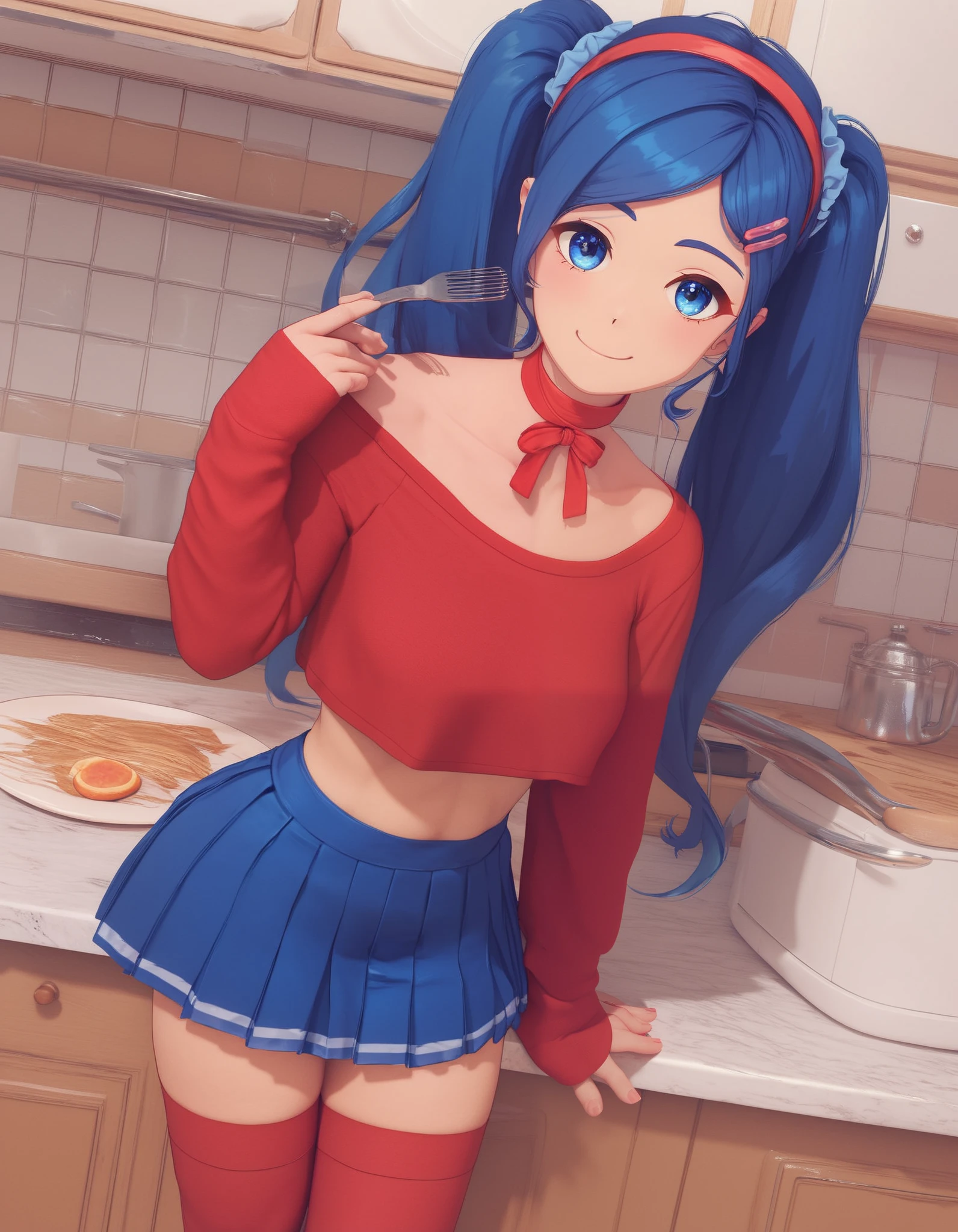 1girl,mita,blue hair,hair ornament,hairband,hairclip,blue hair,long hair,twintails,hair scrunchie,blue eyes,red hairband,red collar,red shirt,long sleeves,blue skirt,pleated skirt,red thighhighs,red socks,miniskirt,crop top,solo,thighhighs,skirt,looking at viewer,jewelry,choker,ribbon choker,
Kitchen background,masterpiece,best quality,smile,