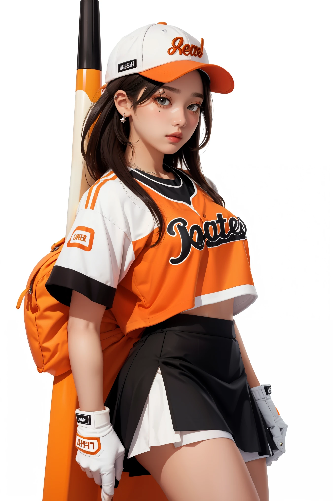 1girl, white background, single glove, black skirt, white baseball jersey, cap with horns, orange baseball bat, full body,