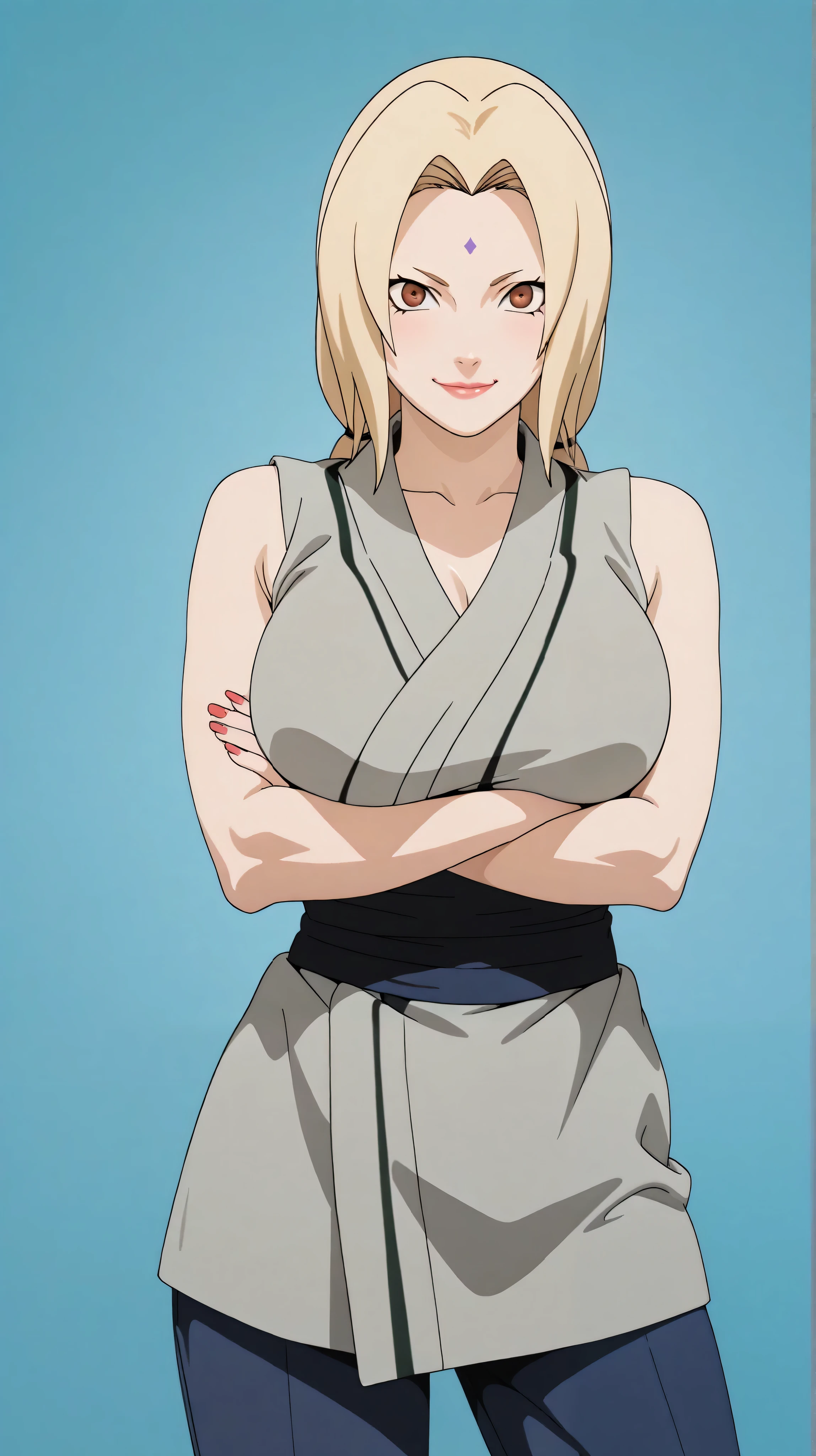masterpiece, extremely detailed,perfect skin texture,4k,solo,1girl,adult ,((fullbody)),tsunade,happy,slim body, sexy legs,perfect body,large breasts,housewife,((blue pants)),((grey kimono)),sleeveless,sash,soft light, high detailed, best quality, upper body, blue plain background ,blue background,looking at viewers,front look,sexy pose, photography,cowboy shot