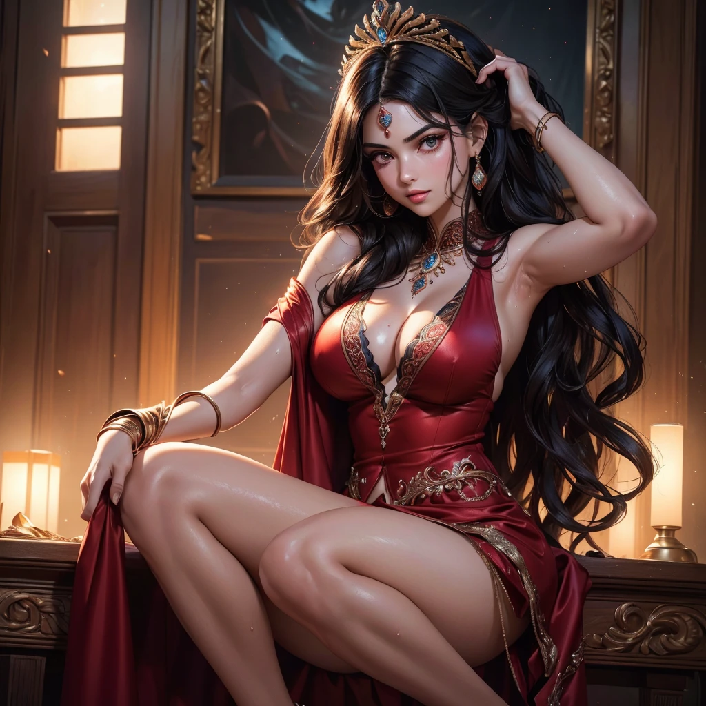 "Exquisite seductress radiates allure in her ravishing scarlet attire."