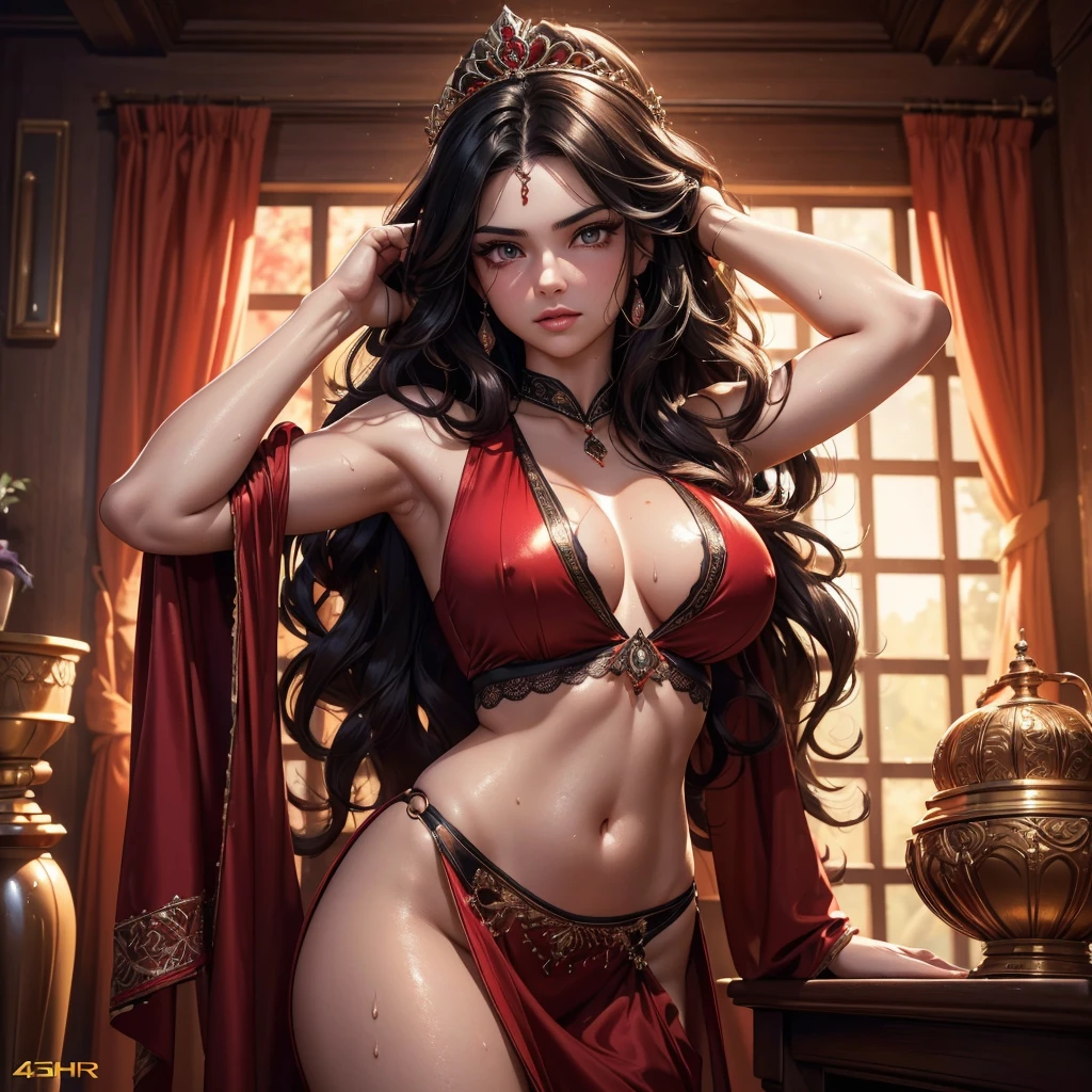 a sweaty ozbek princess wearing a red sharara, long wavy black hair, prominent sweaty armpits, large breasts, pale skin, laying on a bed, sweaty hips visible, detailed face, hyperrealistic, 8k, photorealistic, chiaroscuro lighting, dramatic shadows and highlights