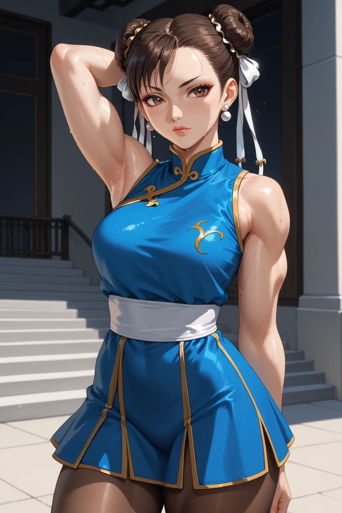 Chun-Li,beautiful young woman in a classic blue uniform, thick thighs ...