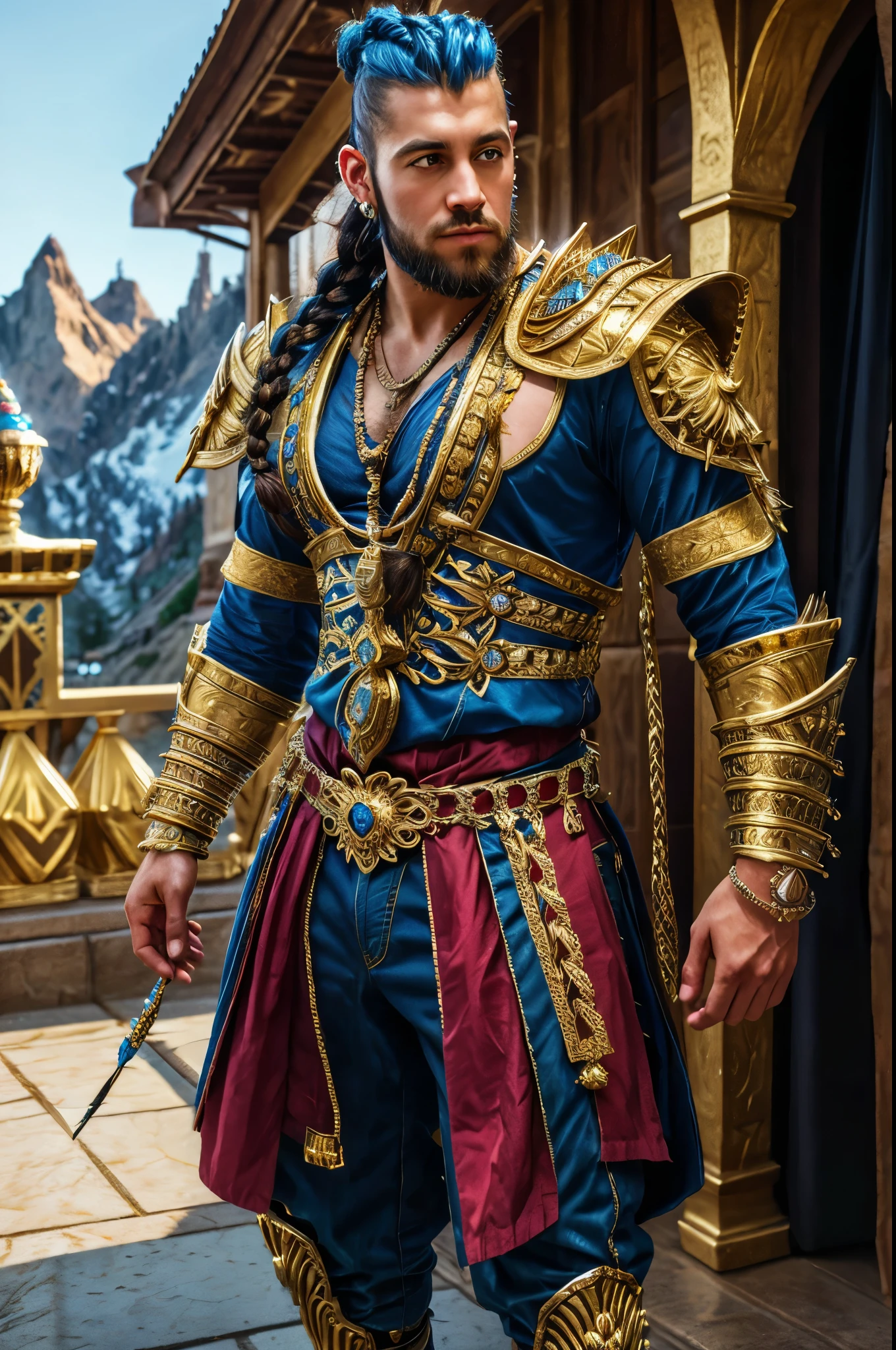 fantasy king, blue mohawk, long thick braid, beard, diamond earrings, full decorated golden armor, jewelry, highly detailed, photorealistic, 8K, HDR,