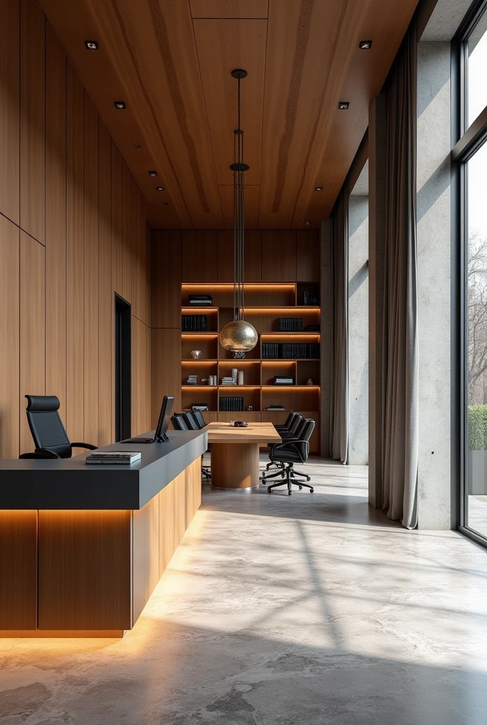 An elegant and imposing law firm , combining honey wood and shades of gray to create a sophisticated and professional environment . The reception It has a minimalist honey wood counter with dark gray , transmitting solidity and credibility .
The furniture follows a refined design , with built-in honey wood work tables and matte gray tops , accompanied by ergonomic black leather chairs . The main wall has shelves with LED , highlighting legal books and decorative elements that reinforce the identity of the office .
An imposing meeting room has a central table made of honey wood , lighting surrounded by armchairs in black leather and lighting embedded in the ceiling , creating an ideal environment for negotiations and strategic meetings . Large windows let in natural light , balanced by gray linen curtains for greater privacy .
The corridors have concrete details and discreet abstract frames , maintaining the sobriety of the environment . Adjustable spots and pendant lamps guarantee sophisticated and functional lighting .
The combination of honey and gray wood conveys confidence , seriousness and refinement , marble details, making this law firm an imposing and welcoming space for clients and professionals