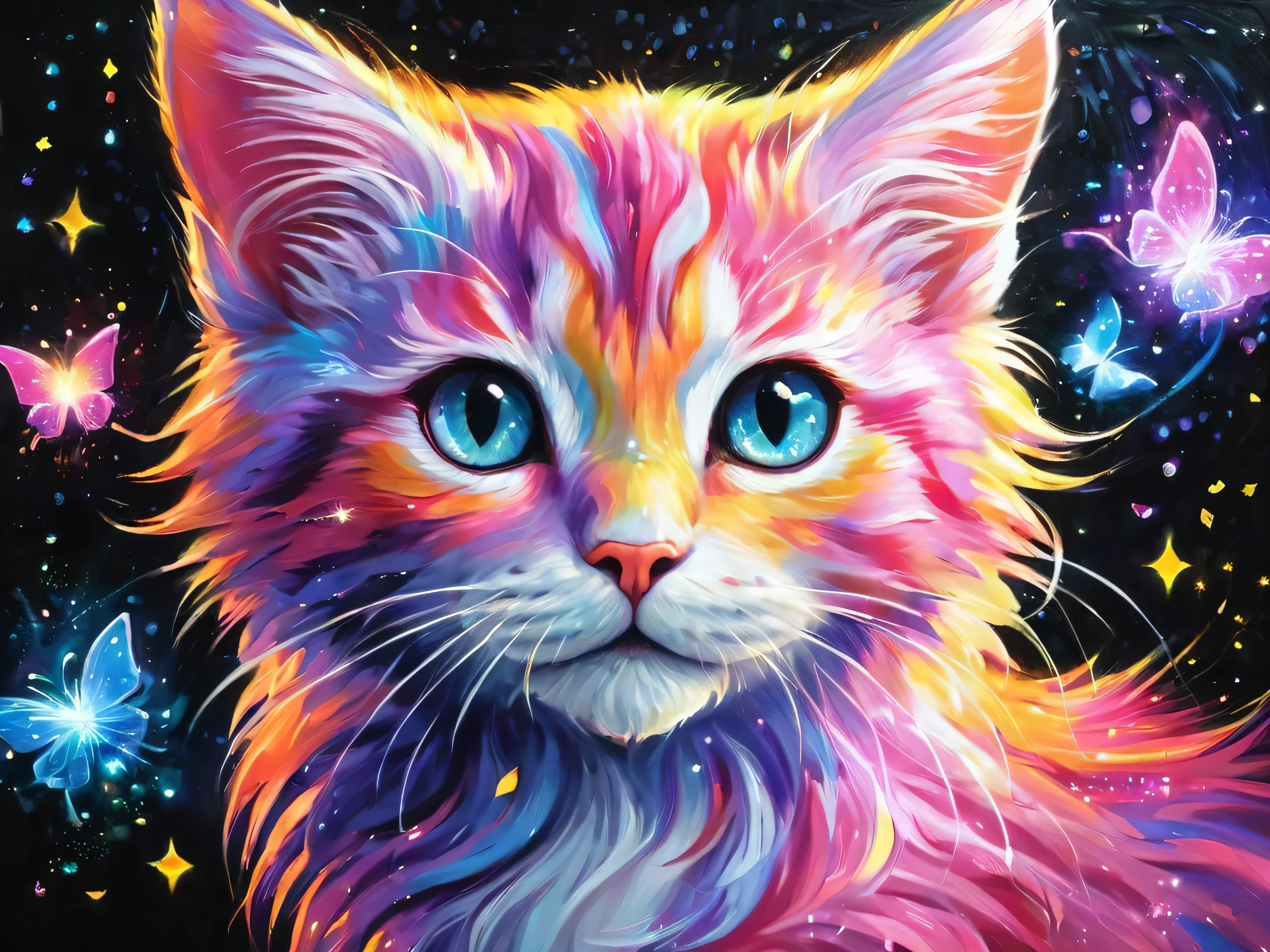 colorful kitten painting on black background,, Breathtaking depiction, In a shining connection, inspired by Kinuko Y . Crafting,, Magical Elements, 【Kitten Icon, Wow, Is a beautiful , I'm casting a multicolored spell, bright flash , flash