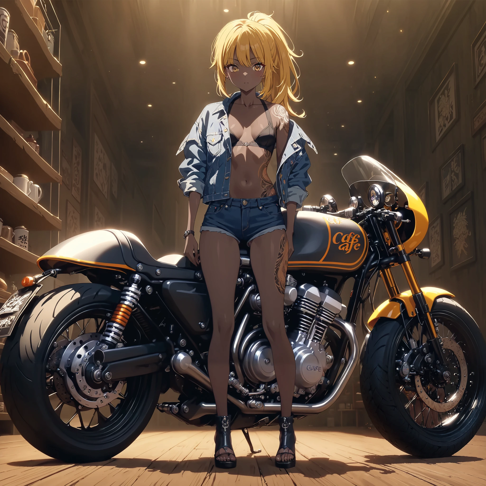 cafe racer tuned motorcycle/CBX400F/One beautiful woman riding a 、 ponytail、yellow hair、 matte brown skin 、 thin legs、 denim jacket、 SHORT JEANS 、 perfect face、 Masterpiece, anatomically correct, highest quality, textured skin, Full body tattoo/Japanese carving/、 movie light effect, anime screencap