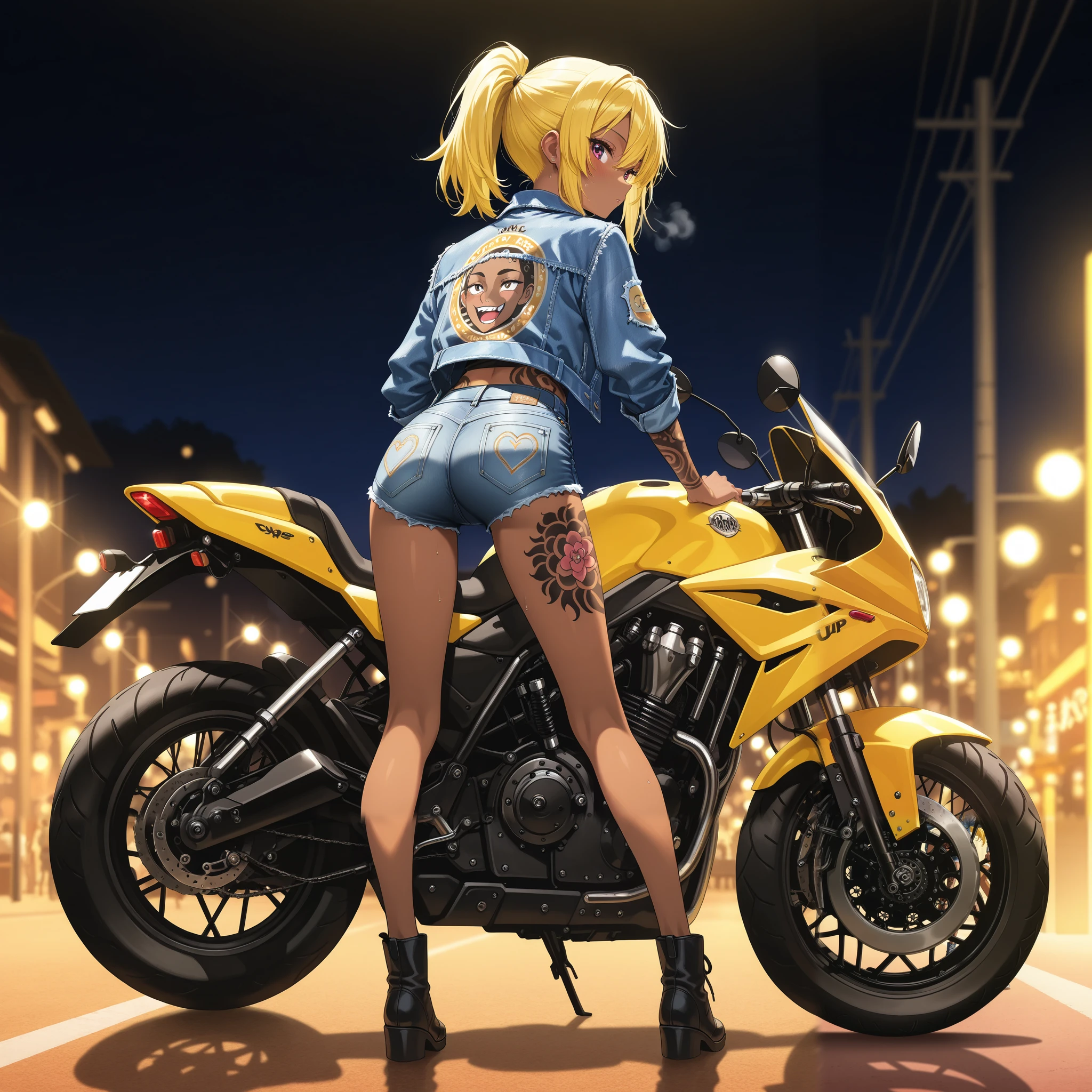 cafe racer tuned motorcycle/CBX400F/One beautiful woman riding a 、 ponytail、yellow hair、 matte brown skin 、 thin legs、 denim jacket、 SHORT JEANS 、 perfect face、 Masterpiece, anatomically correct, highest quality, textured skin, Full body tattoo/Japanese carving/、 movie light effect, anime screencap