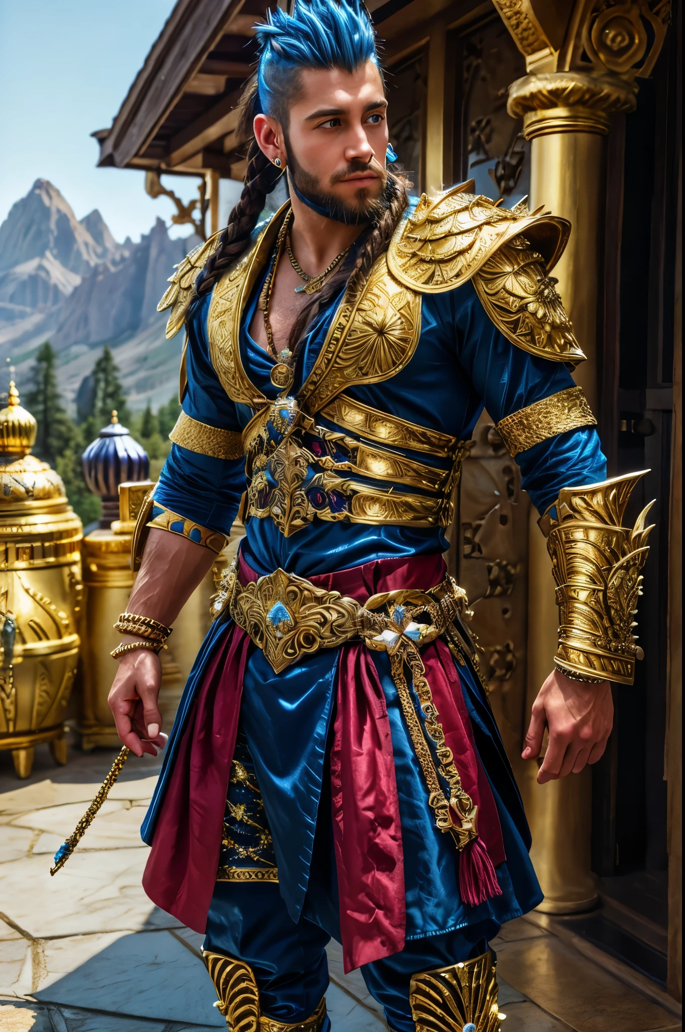 fantasy king, blue mohawk, long thick braid, beard, diamond earrings, full decorated golden armor, jewelry, highly detailed, photorealistic, 8K, HDR,