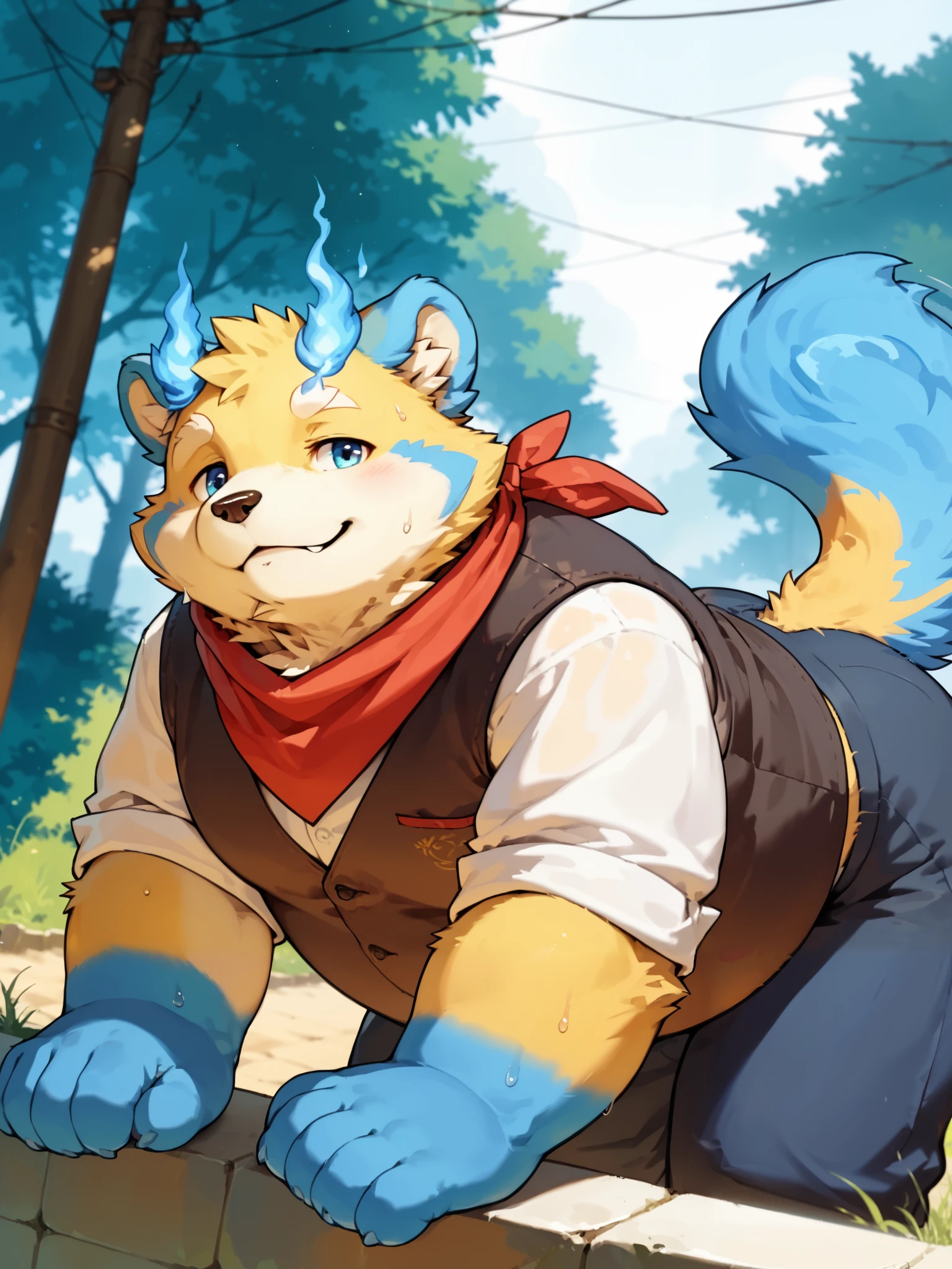 ((1man)), botailang, anthro, male, solo, cute, outside, ((detailed background, nice angle)), masterpiece, best quality,amazing quality,very aesthetic,high resolution,ultra-detailed,absurdres,newest,scenery,depth of field,scenery,volumetric lighting,score_9,score_8_up,score_7_up,score_6_up,score_5_up,score_4_up, (mature, elderly, male), botailang,blue tail, tail_wag, overweight, chubby, cheeks, seductive pose, hand paws, bent over, seductive, submisive, (resting), sweaty, butt, neckerchief, vest,blue fire,yellow fur,blue fur