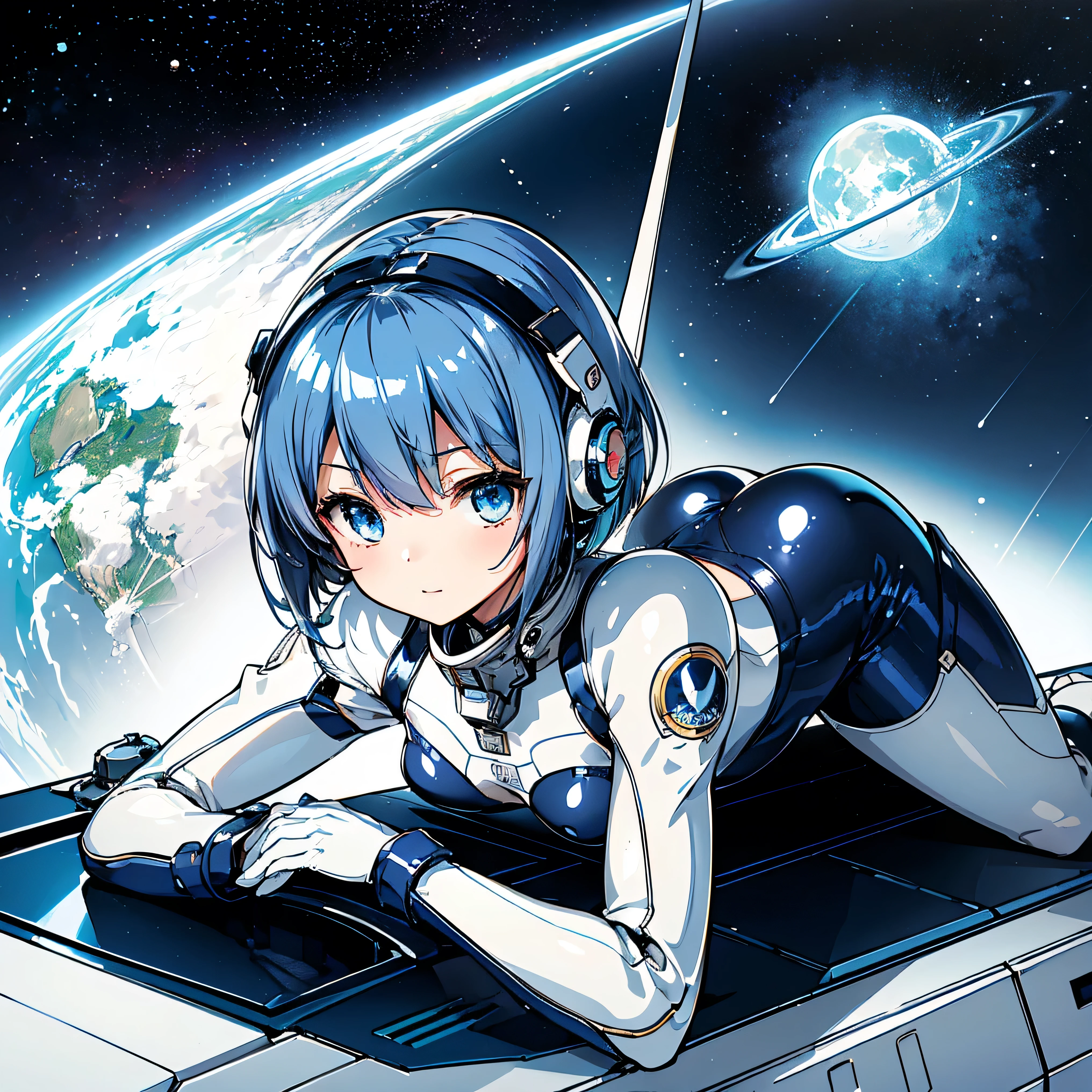 ( Masterpiece、 top quality、 highest resolution、 Clear Images 、 Detailed Details )：(whole body、 20 year old girl、The Face of Japan、Small face、 slim、 dark blue super short bob cut hair 、(Hidden small breasts:1.3)、 Sparkling Blue Eyes 、white and navy blue shiny pilot suit、Chest protection armor、 tight clothes、whole bodyを覆うwhite and navy blue shiny pilot suit、魅力的なwhite and navy blue shiny pilot suit、 fitted pants 、肌を隠すwhite and navy blue shiny pilot suit、 very delicate and beautiful、胸を隠すwhite and navy blue shiny pilot suit、肩を隠すwhite and navy blue shiny pilot suit、 detailed skin、太ももを隠すwhite and navy blue shiny pilot suit、お尻を隠すwhite and navy blue shiny pilot suit、 cute、 gentle smile、 gentle expression、heroine、 headset、 long boots、 elbow length gloves 、Eye shot 、 peace talks between fighting factions 、attention arousal、Clever Blue Eyes 、straight face )、Spaceship、Moon in the background、 Galactic Clouds in the Background 、Meteor Shower、Meteor Shower、Saturn、Neptune、comet