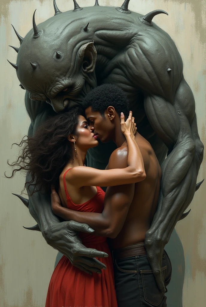 The sexy girl loves the giant demon, (art inspired in Bill Sienkiewicz). oil painting)