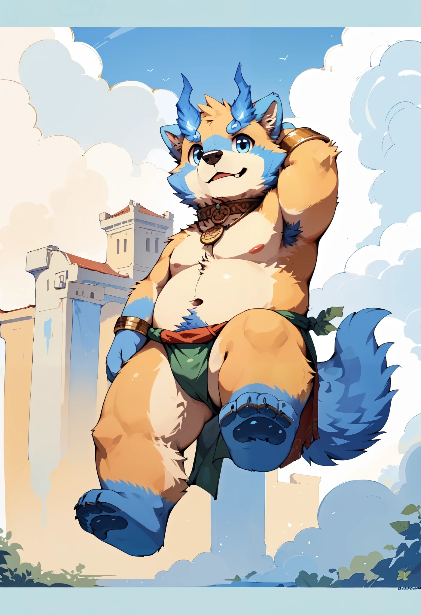 Master masterpieces,A high resolution,8k,detailedbackground,high qulity, botailang,hairy pubic, Broken, mascular,fig leaf,loincloth(Ancient Greek architecture,bazaars,choker necklace,bangle),solo,dog paw