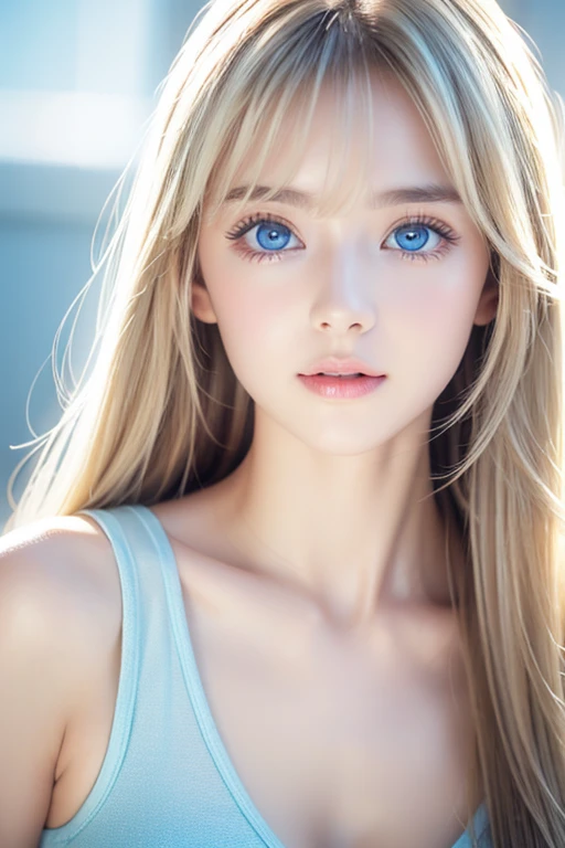 Crystal clear and shiny skin、Cute  13 year old with beautiful face、Very large, beautiful, bright, pale sky blue eyes、Very big eyes、Super long straight hair that shines in the light、Long, silky bangs that cover her cute eyes、Hair that hides sexy features、too long bangs、Sexy and cute young beauty、Super long natural young blonde hair with sparkling highlights Blonde over one eye Blonde over one eye、Blonde hair between the eyes