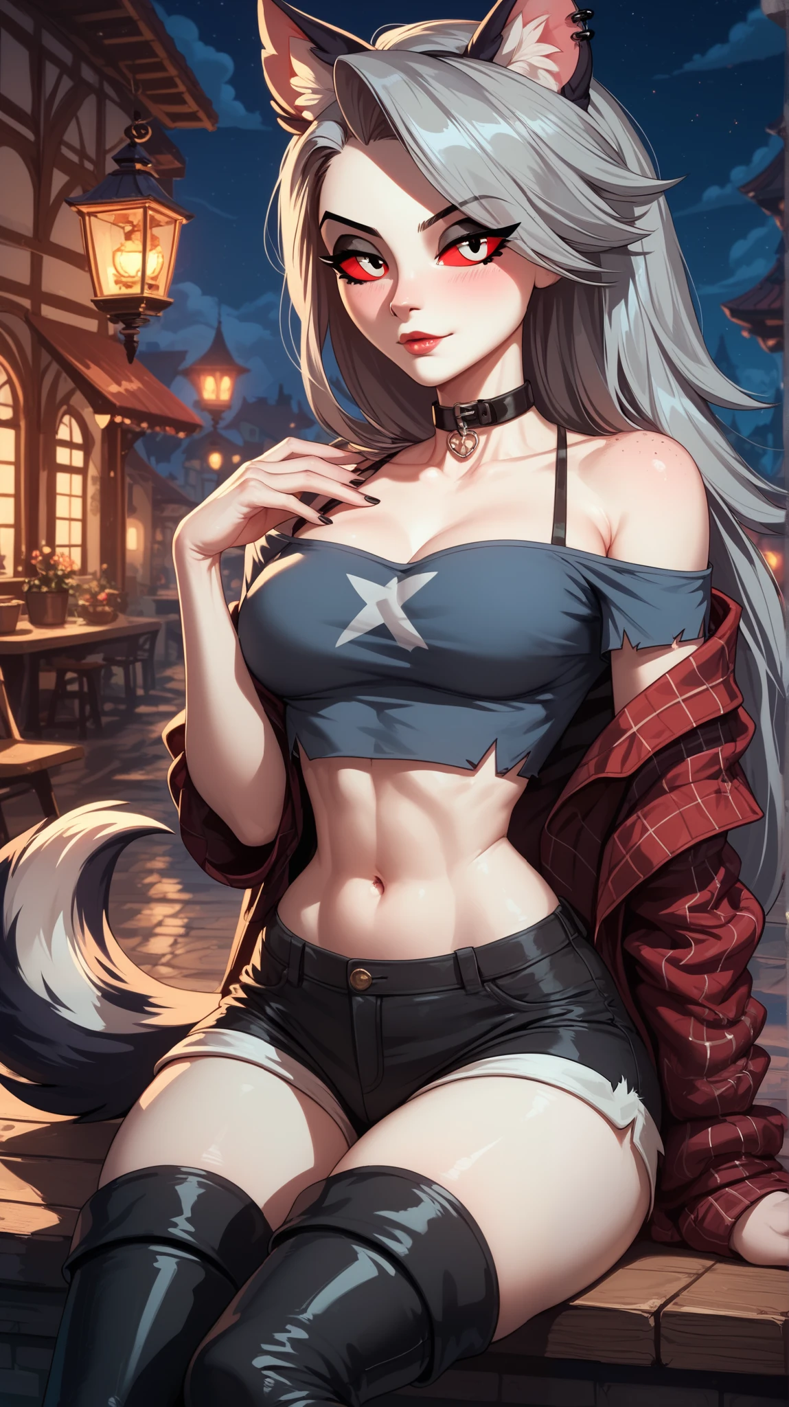 Perfect eyes, perfectly sexy face , extremely detailed, looking at the spectator, red eyes, loona, hazbin hotel, wide hips , animal ear, animal ears , animal nose, tail, shorts brancos, short shorts , thigh boots, short top, apenas_shoulder, Fantasy, night, sitting,