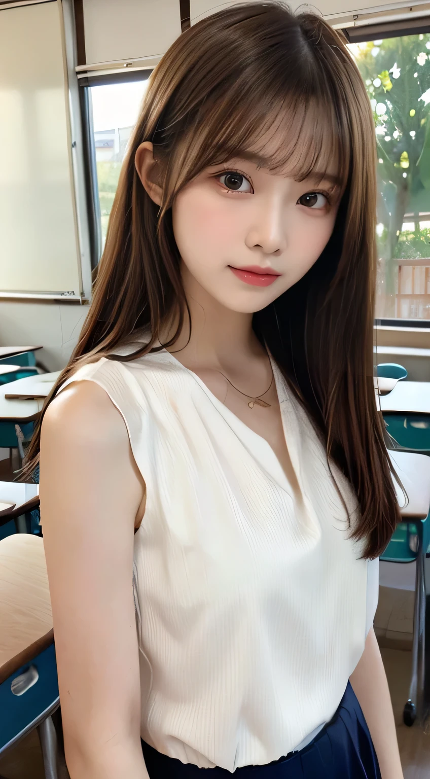 Completely immaculate background、White back、 student、soio、brown haired、beautidful eyes、real looking skin、hi-school girl、small tits、tiny chest、(8K、masterpiece)、(reallistic、Photorealsitic)、top-quality、ighly detailed、The ultra-detailliert、Beautie、cute little、japanes、a smile、Close-up portrait、Healthy face、School uniform、Cardigan、plaid skirts