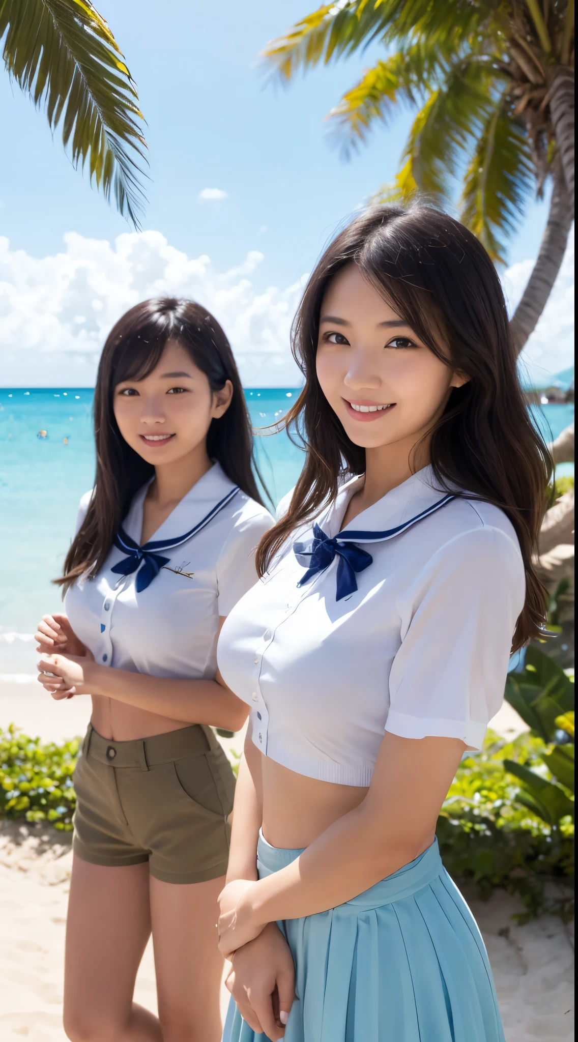 Two beautiful women、10 years old 、Upper Body、Waist、thigh、Lady、80mm lens、Highest quality、Small breasts、Small Breasts、Are thin、Sailor shirt、Wet body、Luxury、smile