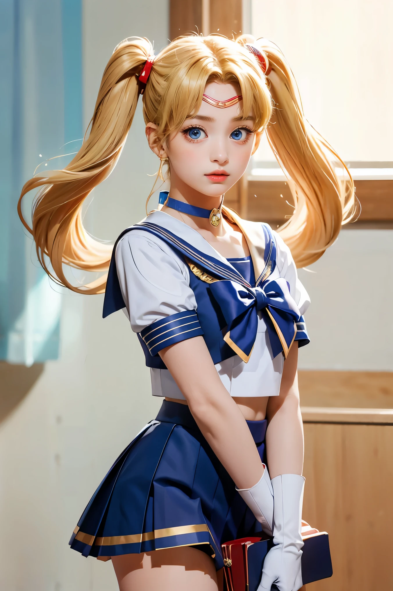 masterpiece, best quality, sailor moon,1girl, long hair,jewelry, sailor senshi uniform, blue sailor collar,blonde hair, red choker,white gloves, twintails, red bow, blue skirt, blue eyes, hair bun,