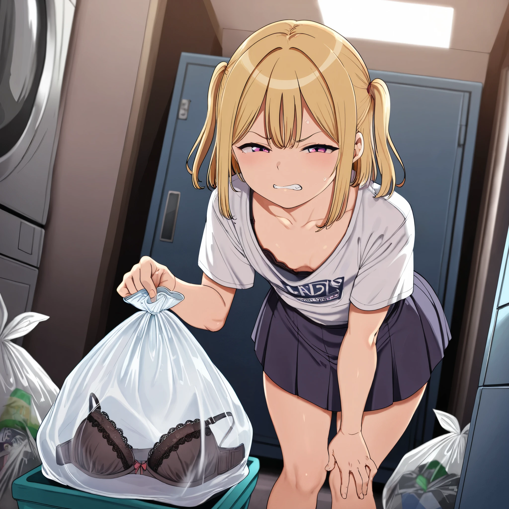 cinematic lighting, locker room, women, blonde pony tail, small, slender, (police uniform, white tanktop, jacket, serious expression), nude, pubic hair, tired eyes, holding panties, green lace panties