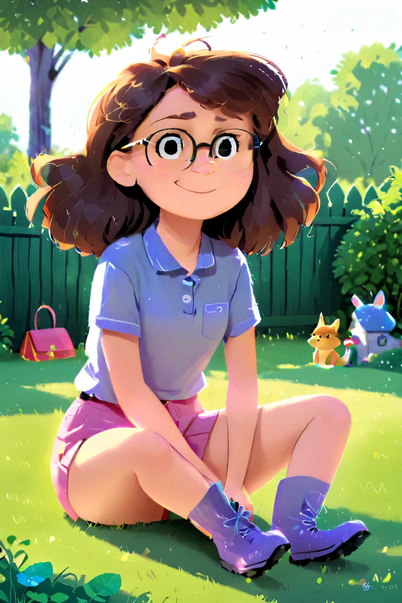 Toys on backyard, playing with toys, girl with glasses, backyard fence back. sitting on grass. using glasses, backyard fence.