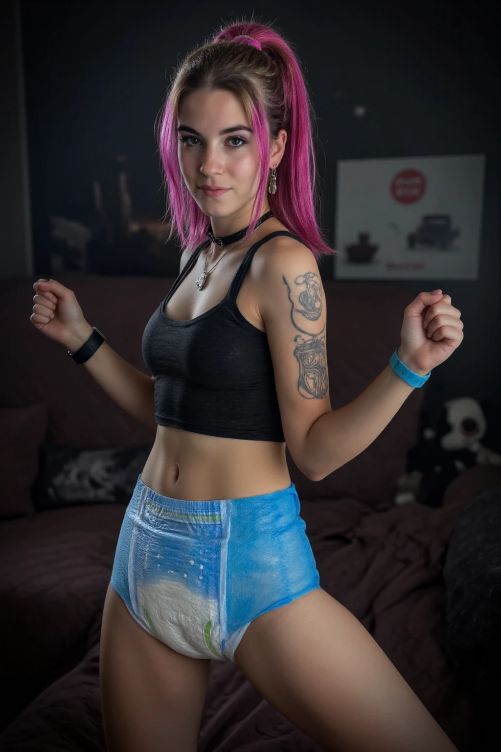 a beautiful punk goth girl with dreadlocks wearing blue largened pull ups , wearing thickened adult pull ups, highly detailed, photorealistic