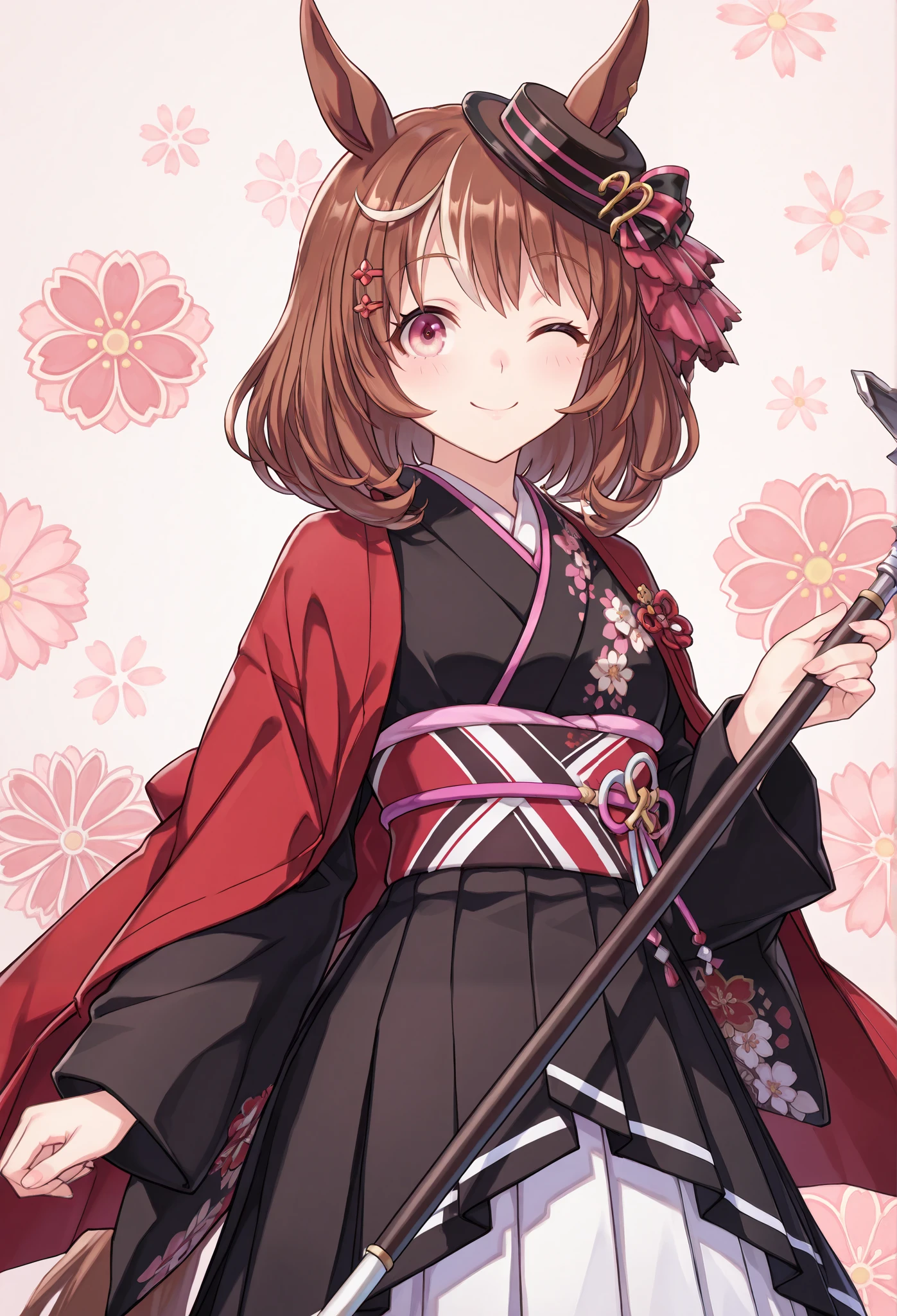 {{{Racecourse:1.6}}} ,( high resolution),( high resolution), (    Unity 8k Wallpaper),( detailed image ), {{{TYPE-MOON:1.7}}},, {{{North Flight}}}\( Uma Musume\)},{smile },{ wink}\(Uma Musume\),\( Uma Musume\),  Official Costume,( Uma Musume\),{{{medium hair}}} 魅惑的なsmile   }  \( Uma Musume\),
,{{{{オフショルダーの kimono}}},{{{狂ったsmile:1.6}}},,{{ Collared Cloak}},{{{ kimono:1.8}}},{{{Naginata}}},{Onigashima}