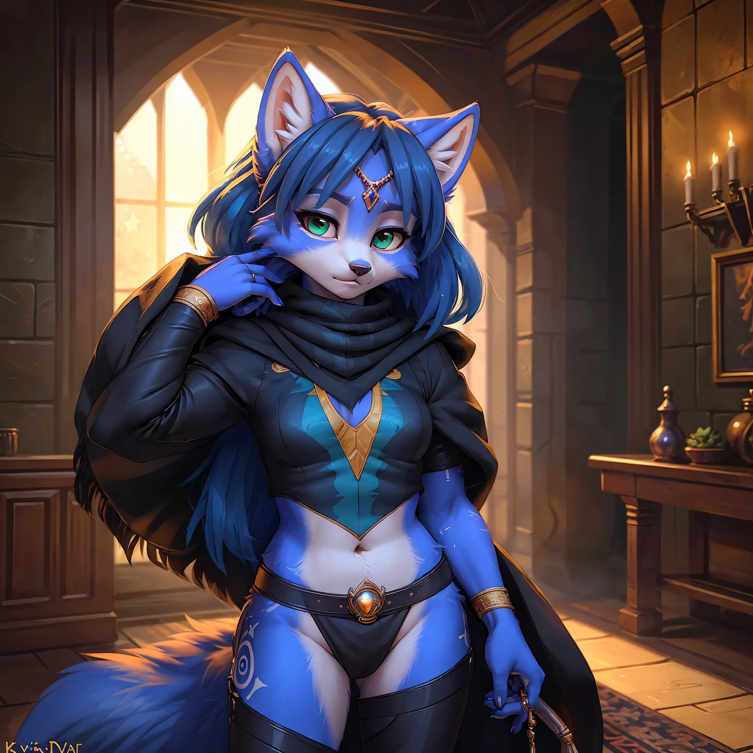 By iskra, by wolfy-nail, by Personalami, Krystal, Star Fox, female, (detailed), view of the viewer, fluffy, solo, 1 girl, high resolution, photorealistic, (Green eyes), cute looking, embarrassed looking, ((clear structural details)), detailed realism, slim, soft, 4k, excellent quality, high details, (seductive), detailed fur, as a mage, mage outfit, in a fortress, holding a magic glowing staff, sexy naked, naked breasts, small boobs, Long beautiful hair
