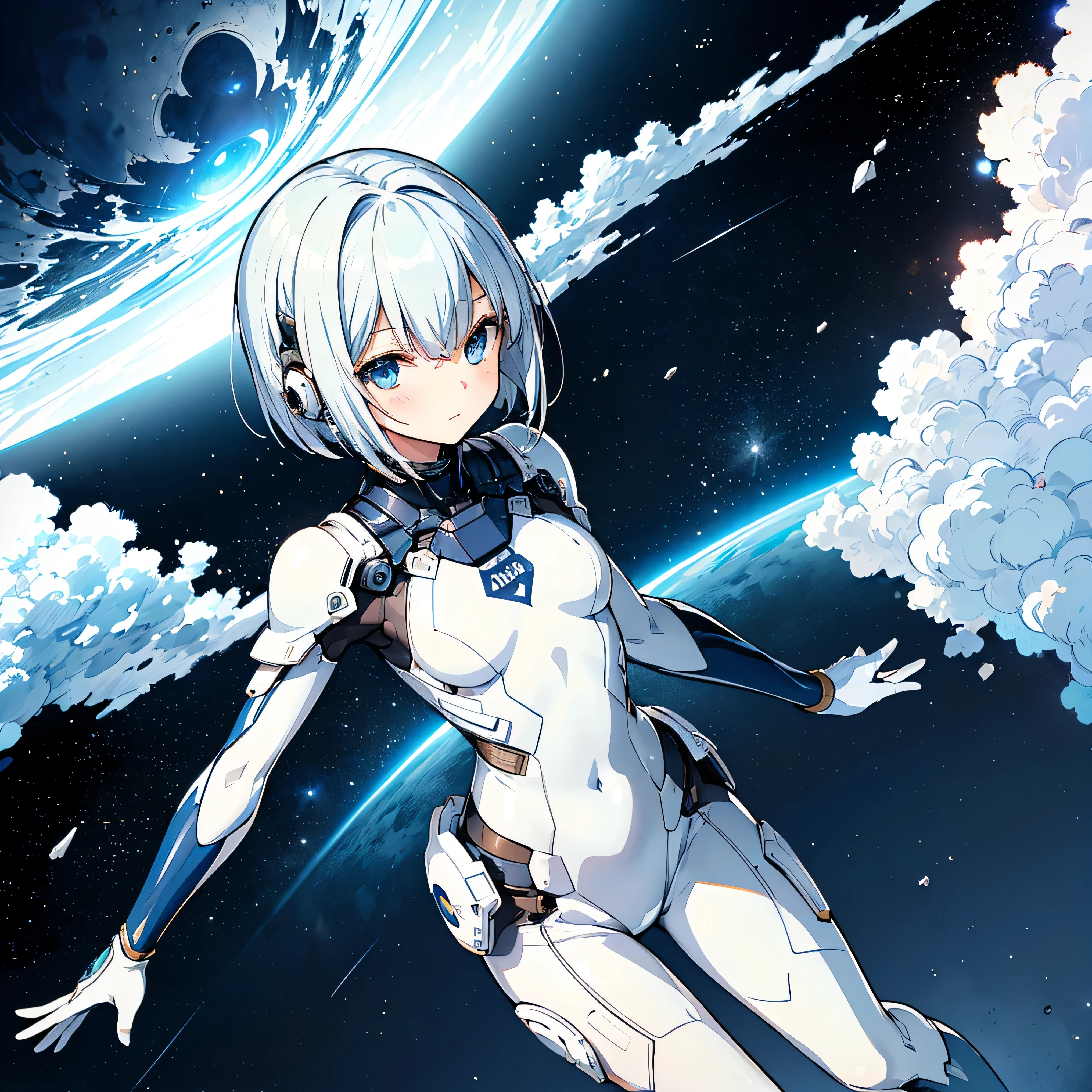 Anime girl in white suit flying through the air with a planet in the ...
