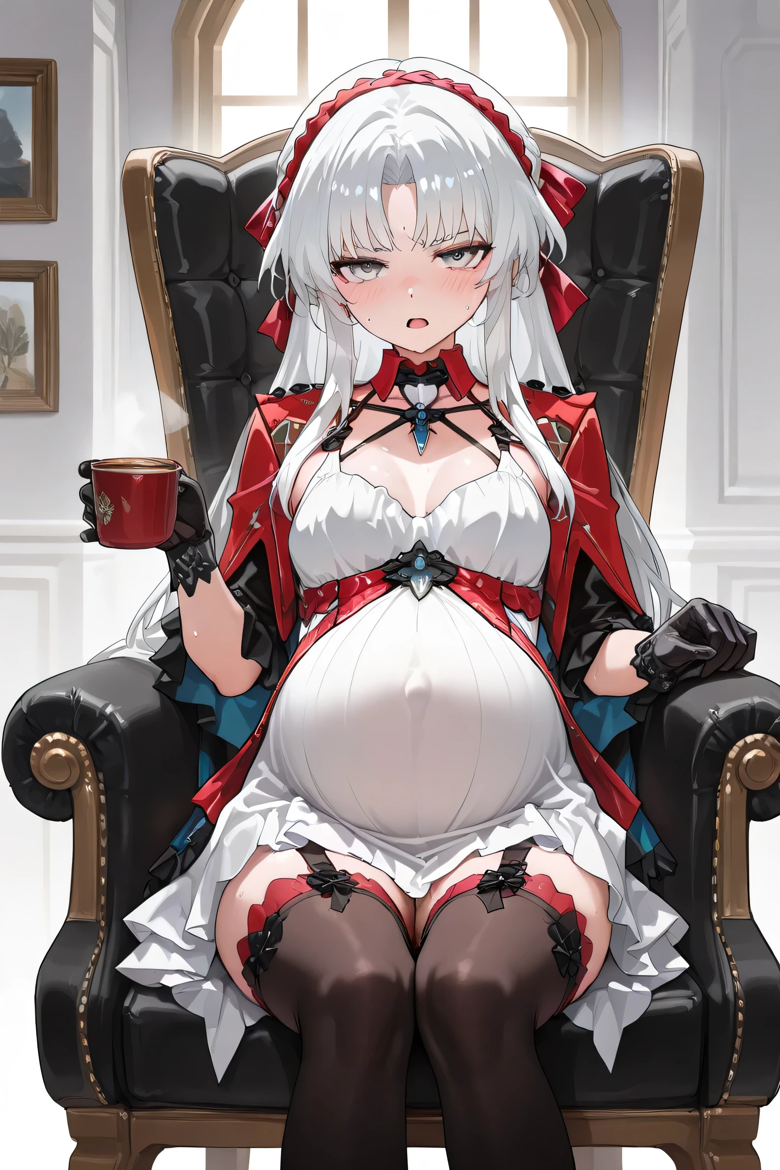 (Best quality, 4k, 8k, high resolution, masterpiece:1.2), ultra detailed, intricate details,SOLO,beautiful girl, alone, middle hair, white hair, bangs, gray eyes, small-medium breasts, perfect smooth skin, looking at viewer, pain slightly, head titled, (Pregnant:1.0), Carlotta, at house on luxury sofa, red edge sock, black thight-high socks, black socks, open mouth, serious, blush, black  glove, (painfull_expression:1.0), red ribbon, red jacket, Carlotta outfit, red corset, white dress, sit ok chair, hold cup of tea, winced in pain, sweating, half open eyes, 